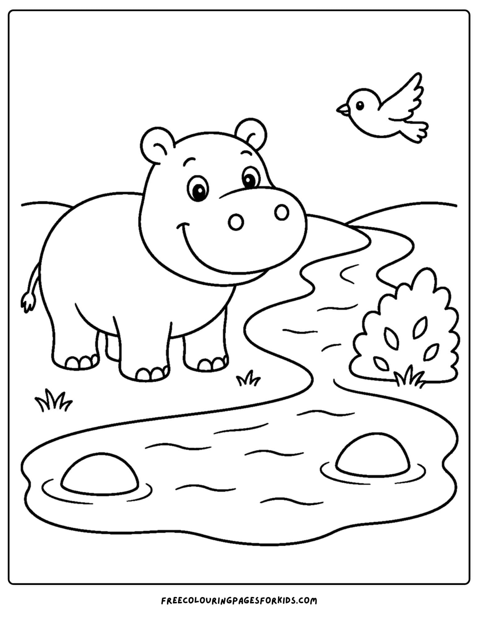 a coloring page of a hippo and baby by a pond