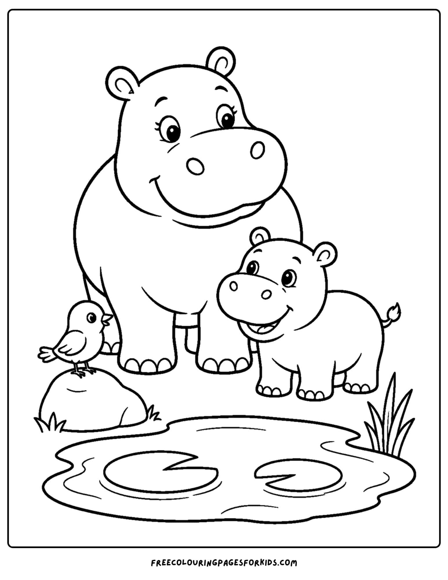 a coloring page of a hippo and baby by a pond