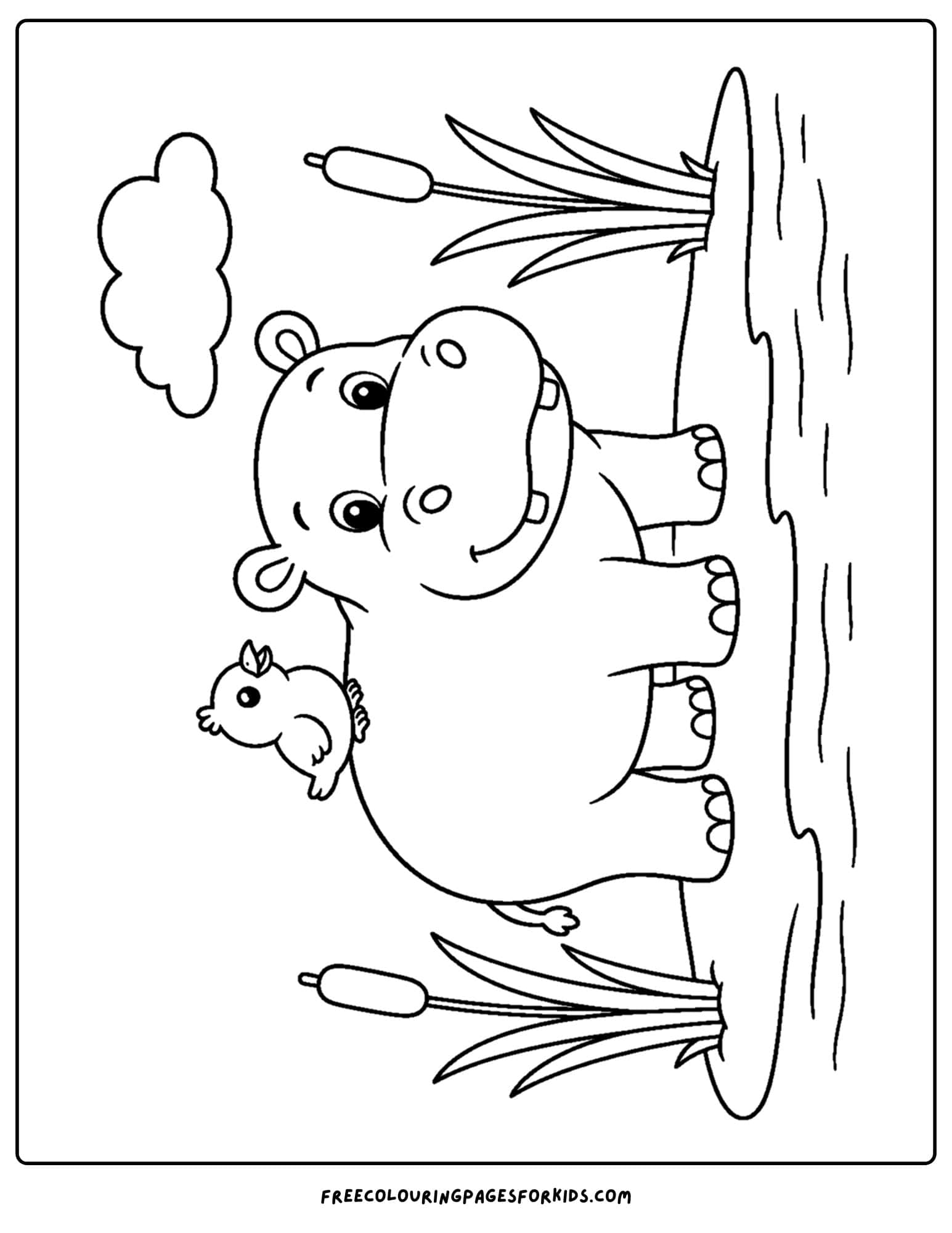 a coloring page of a hippo with a bird on its back