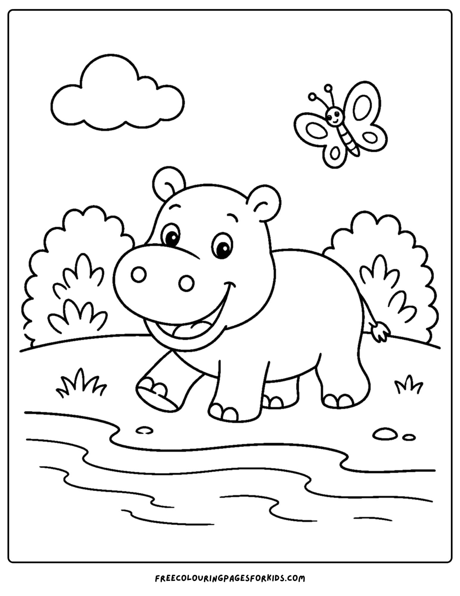 a coloring page of a hippo going for a walk along the waters edge