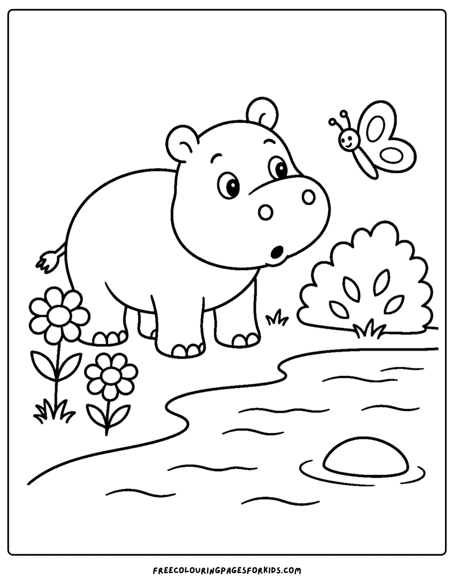 a coloring page of a hippo watching a butterfly by the water