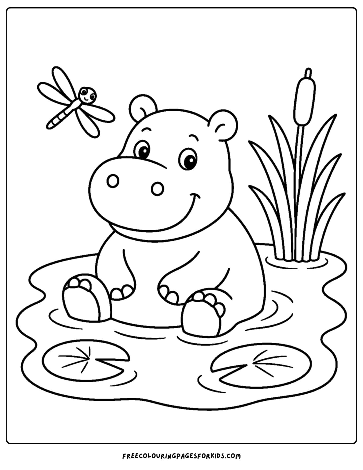 a coloring page of a hippo keeping cool in a pond