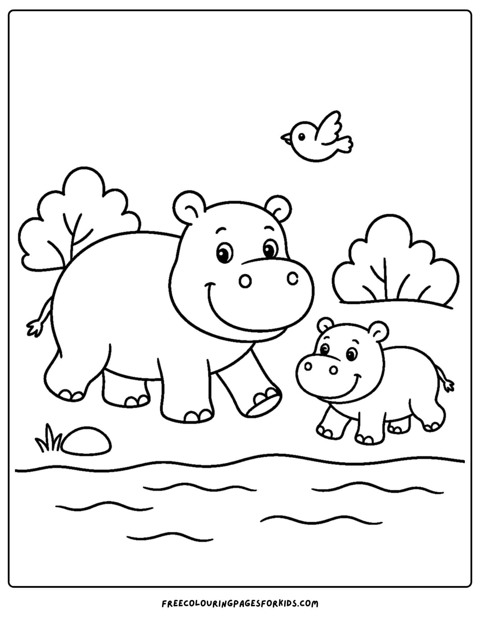 a coloring page of a hippo and baby going for a family walk