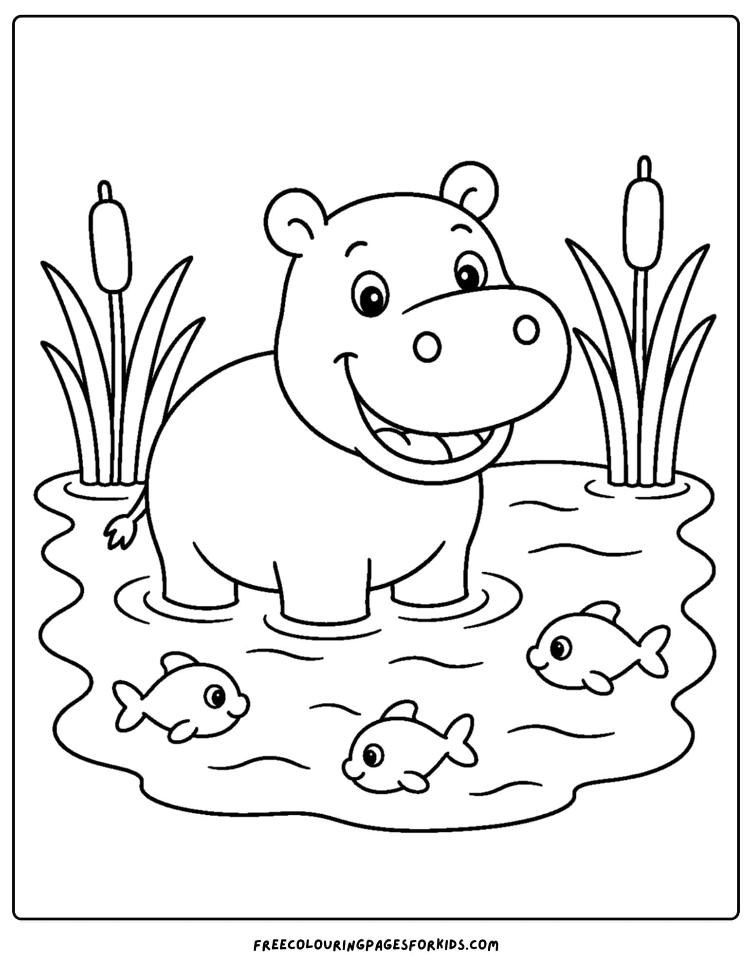 a coloring page of a hippo in the water with fish around