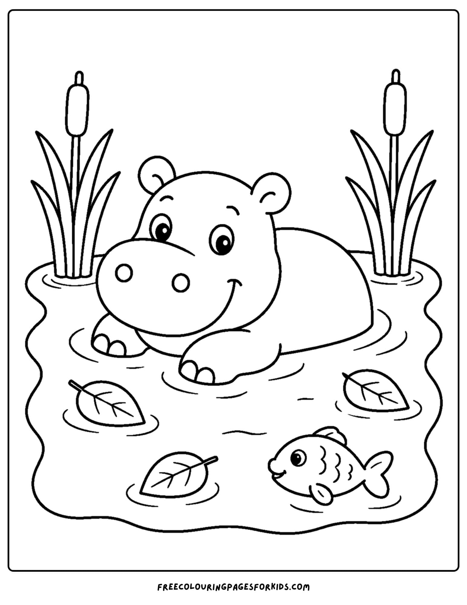 a coloring page of a hippo in the water with leave floating around