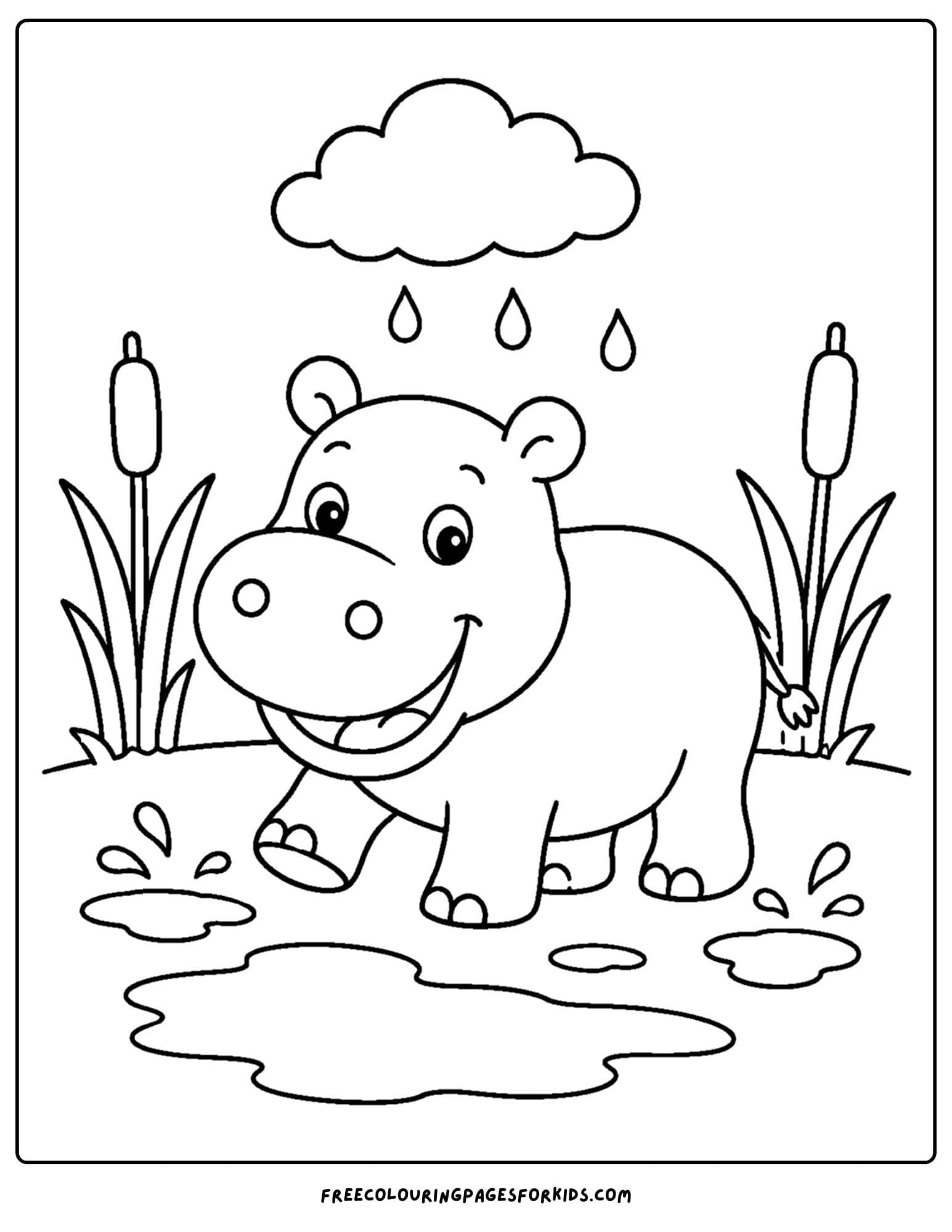 a coloring page of a hippo standing in the rain