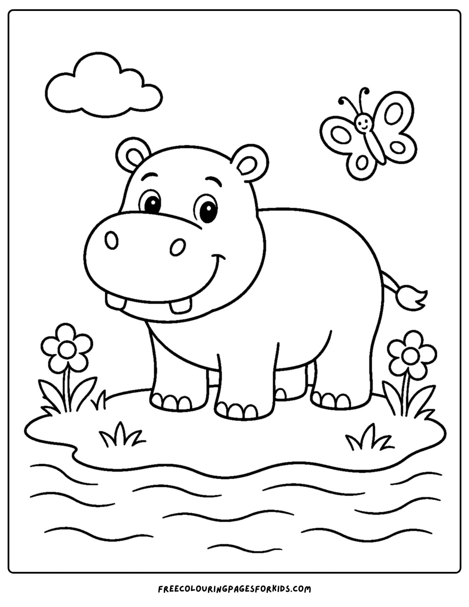 a coloring page of a hippo by a grassy bank near the water