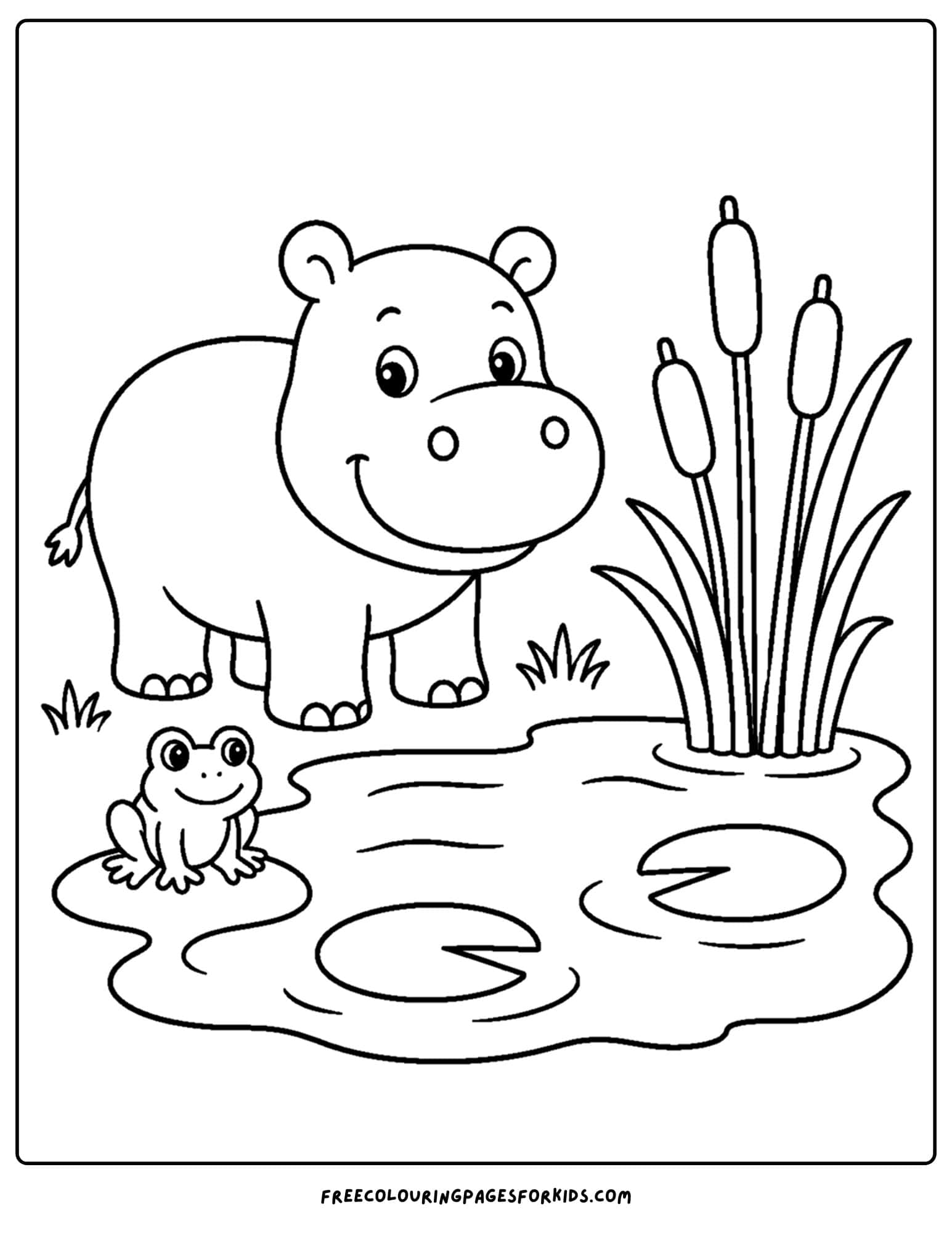 a coloring page of a hippo standing by a lily pond