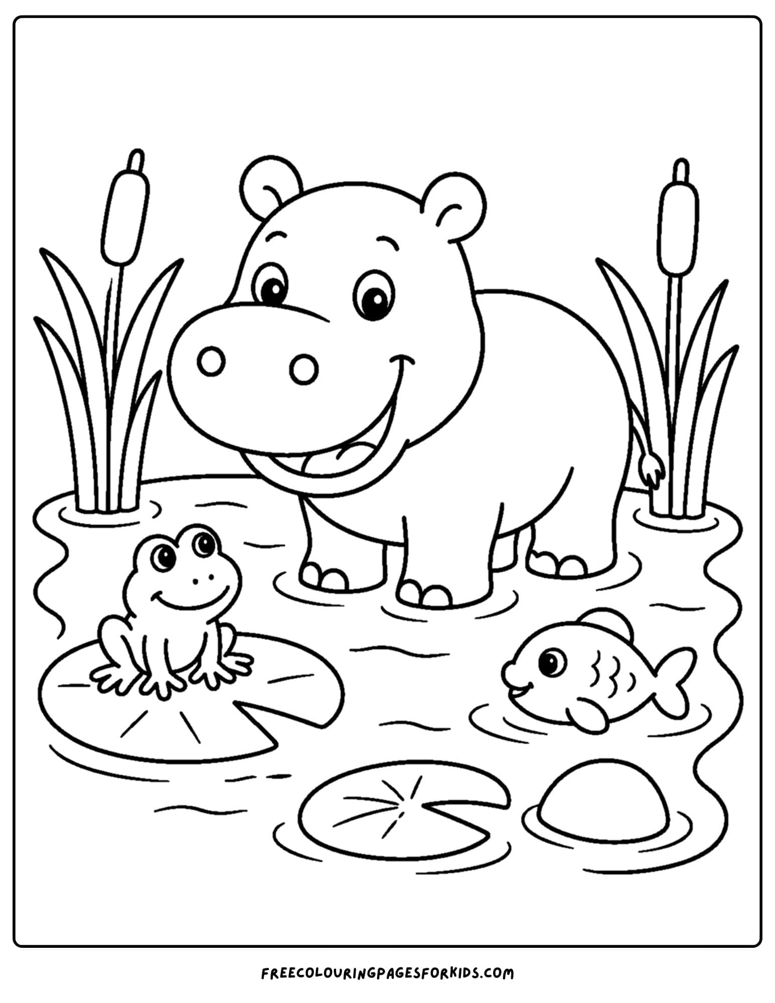 a coloring page of a hippo and frog by a pond