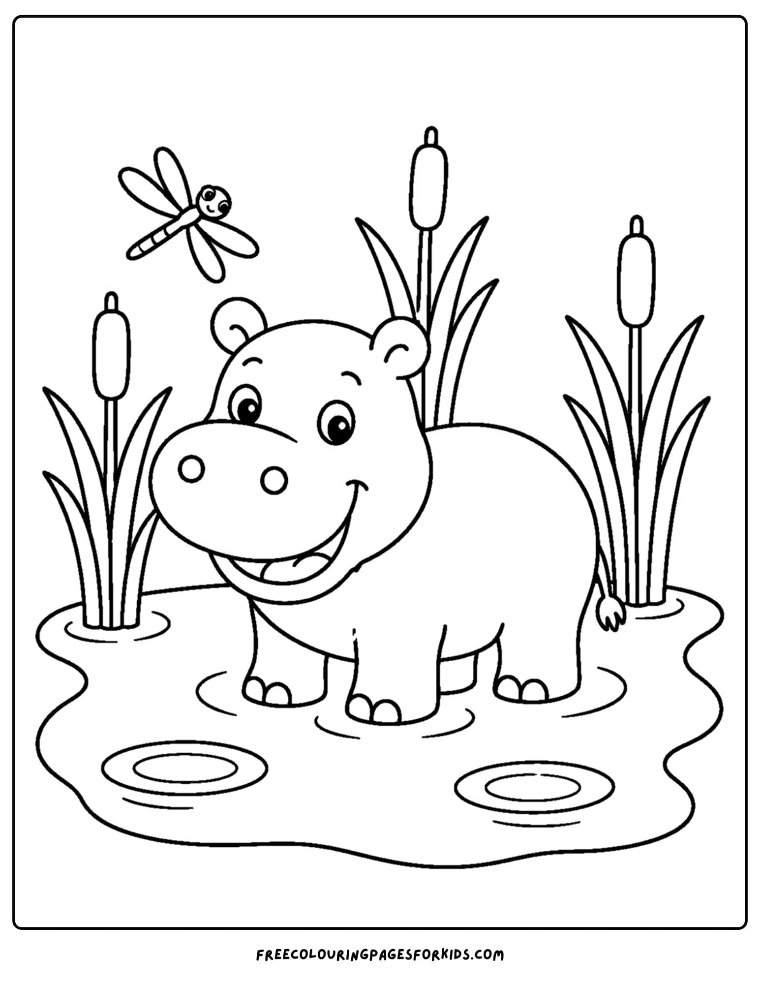 a coloring page of a hippo in a marshy pool