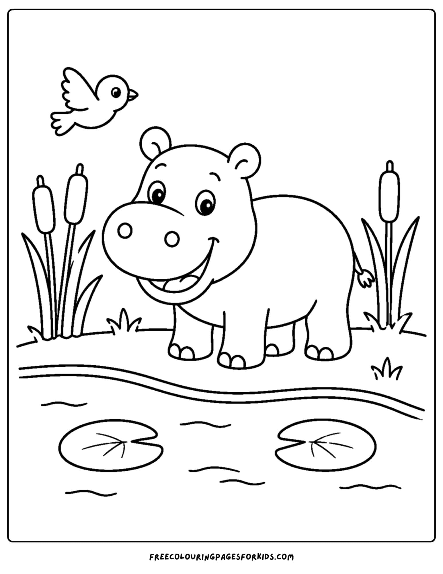 a coloring page of a hippo and a bird by the water