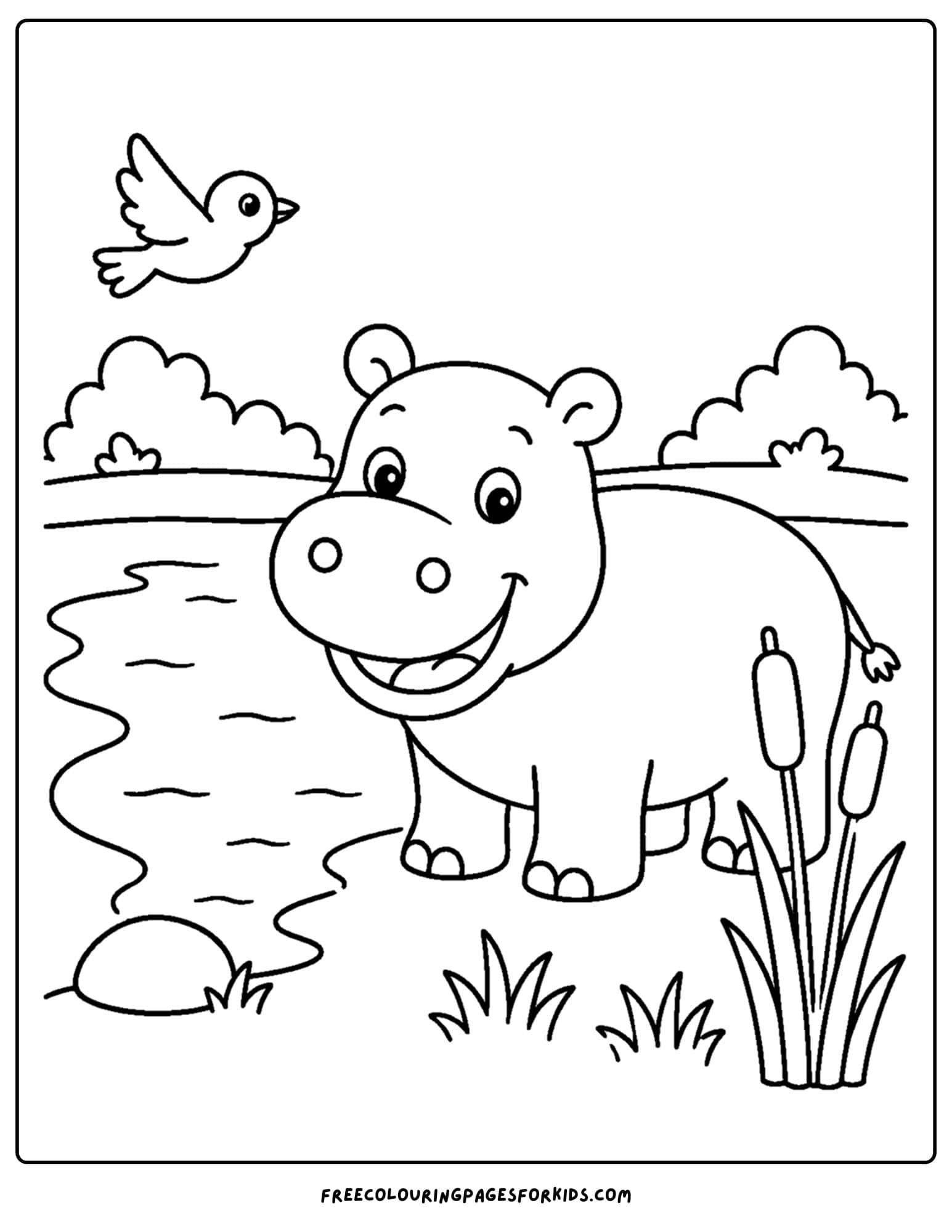 a coloring page of a hippo standing by a quite lake