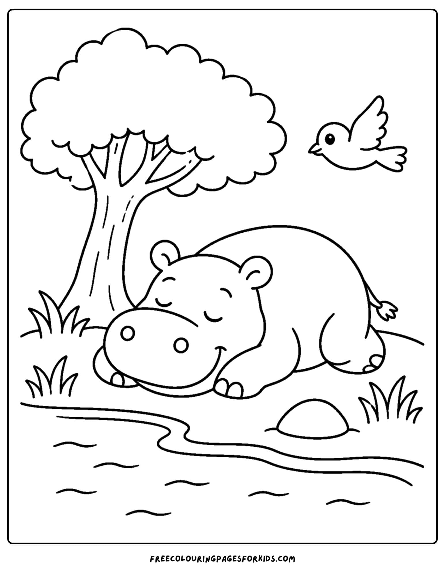 a coloring page of a hippo sleeping under the shade of a tree