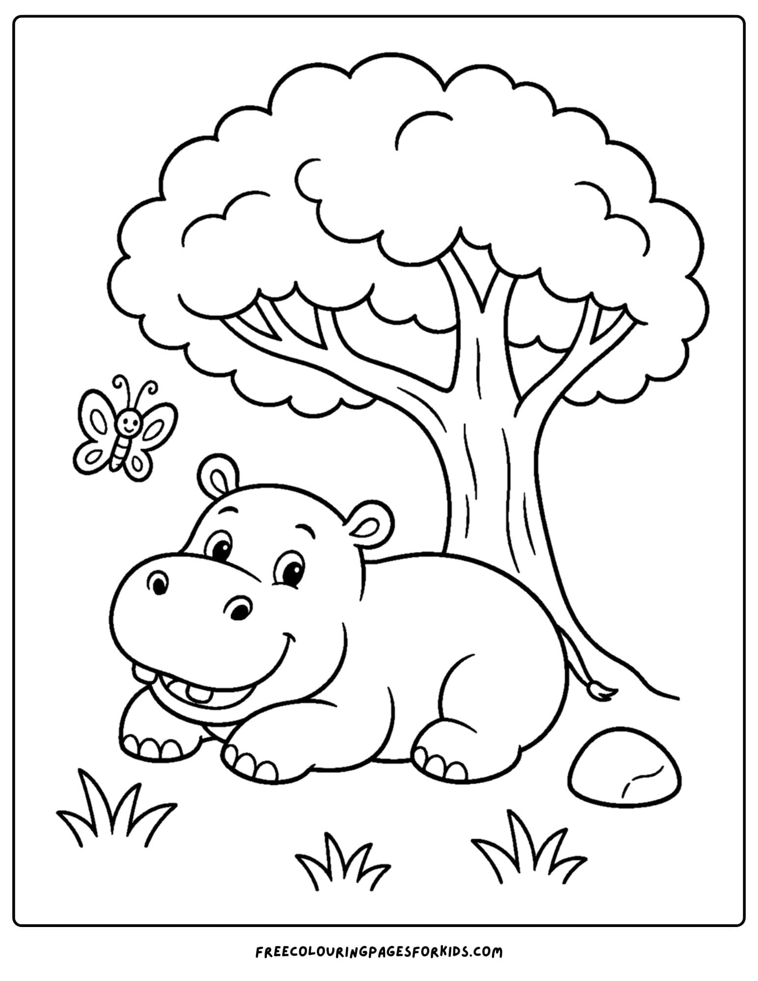 a coloring page of a hippo laying down under a tree