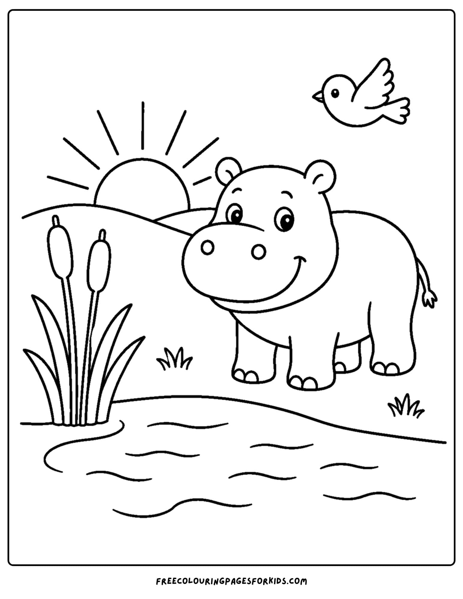 a coloring page of a hippo by the water at sunrise