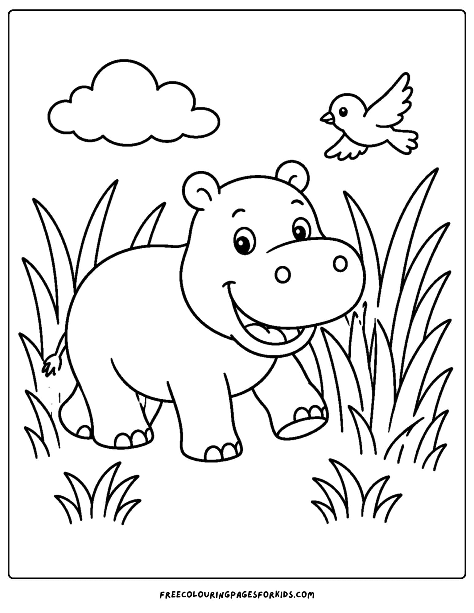 a coloring page of a hippo walking through some tall grass