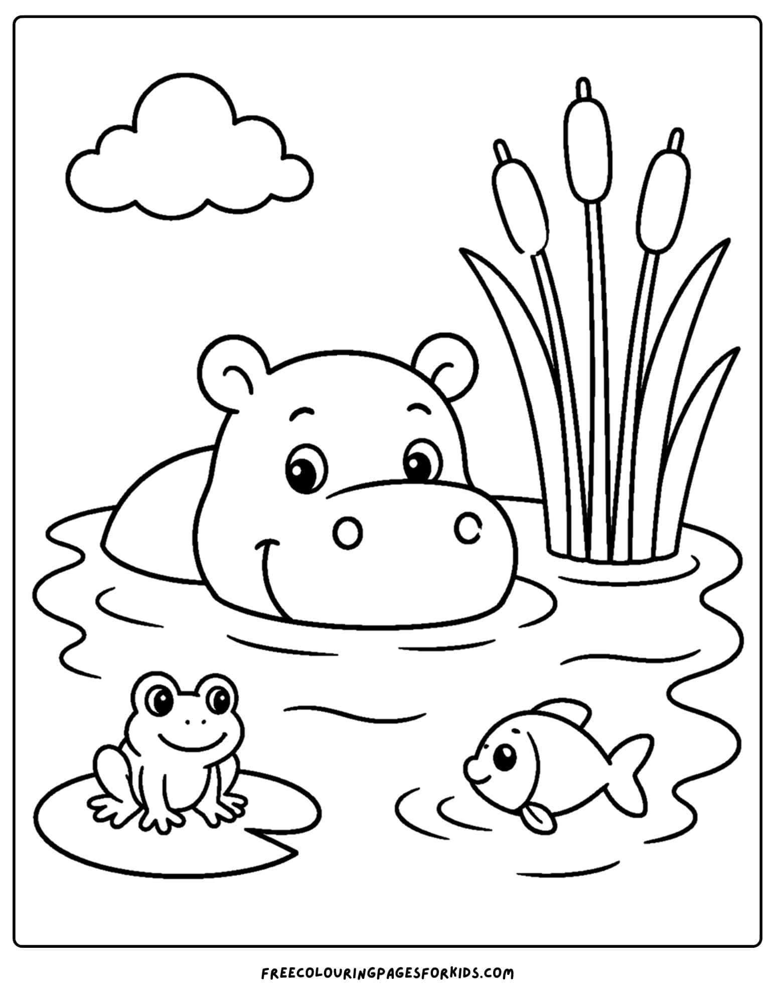 a coloring page of a hippo in the water by some tall reeds