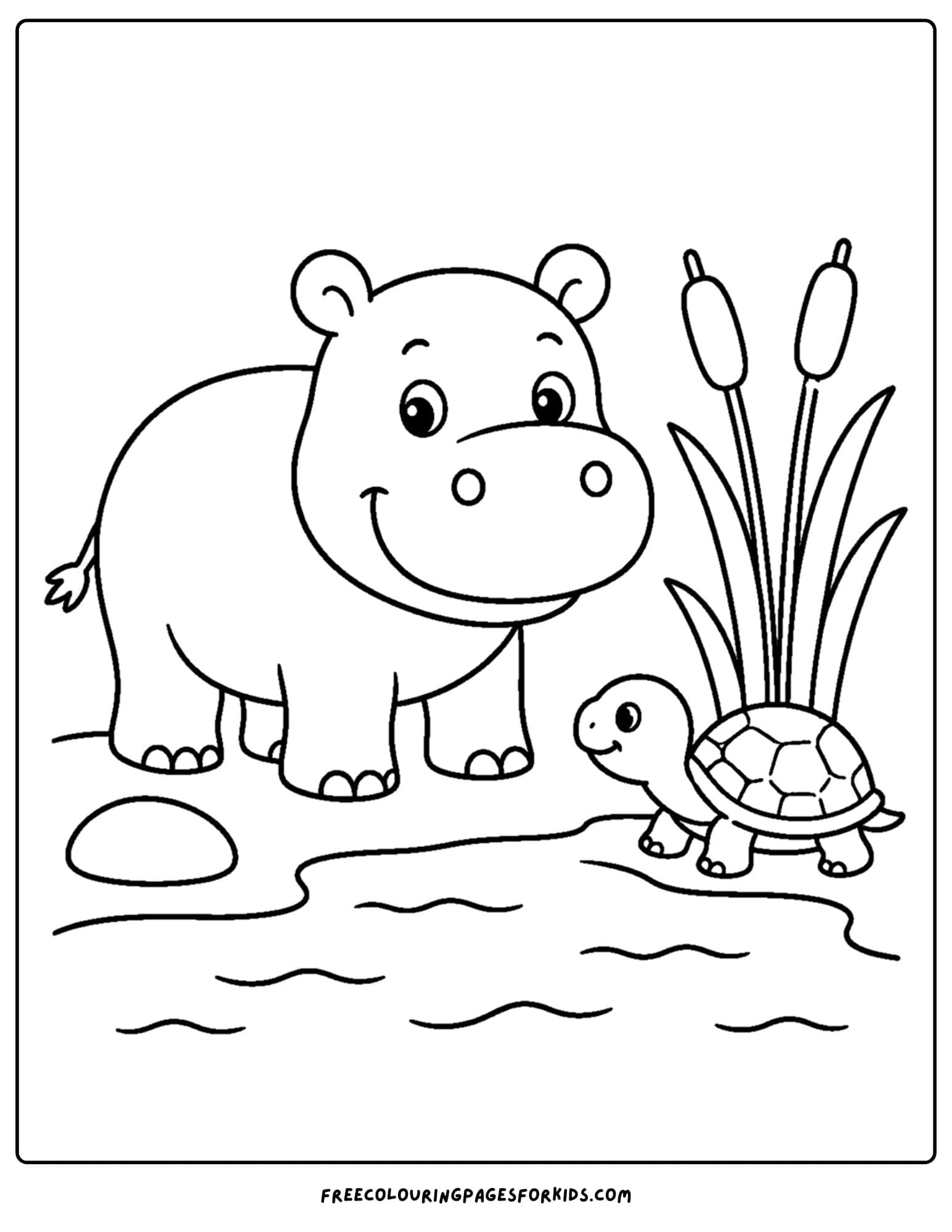 a coloring page of a hippo standing with a turtle by the water