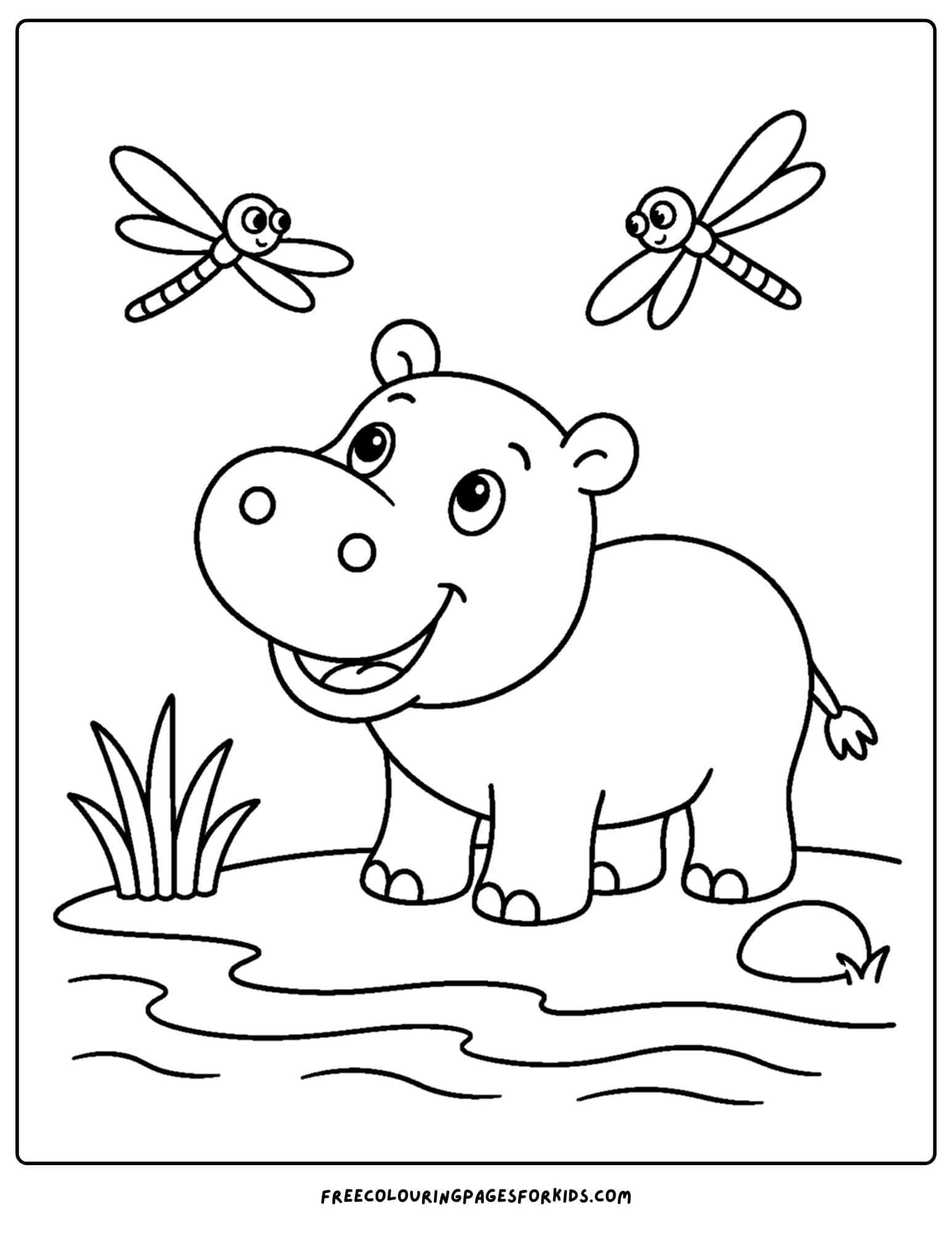 a coloring page of a hippo watching dragonflies in the sky