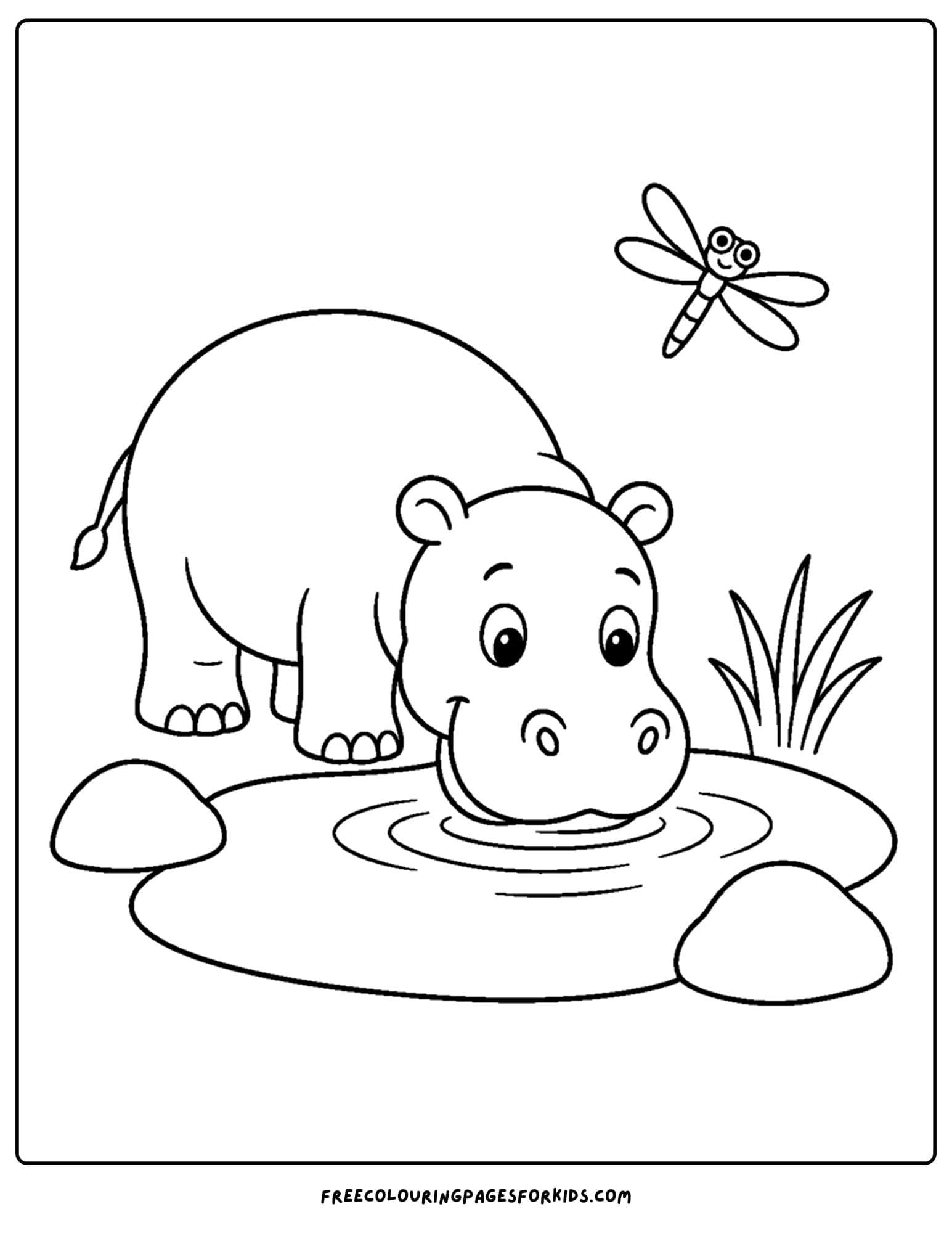 a coloring page of a hippo having a drink