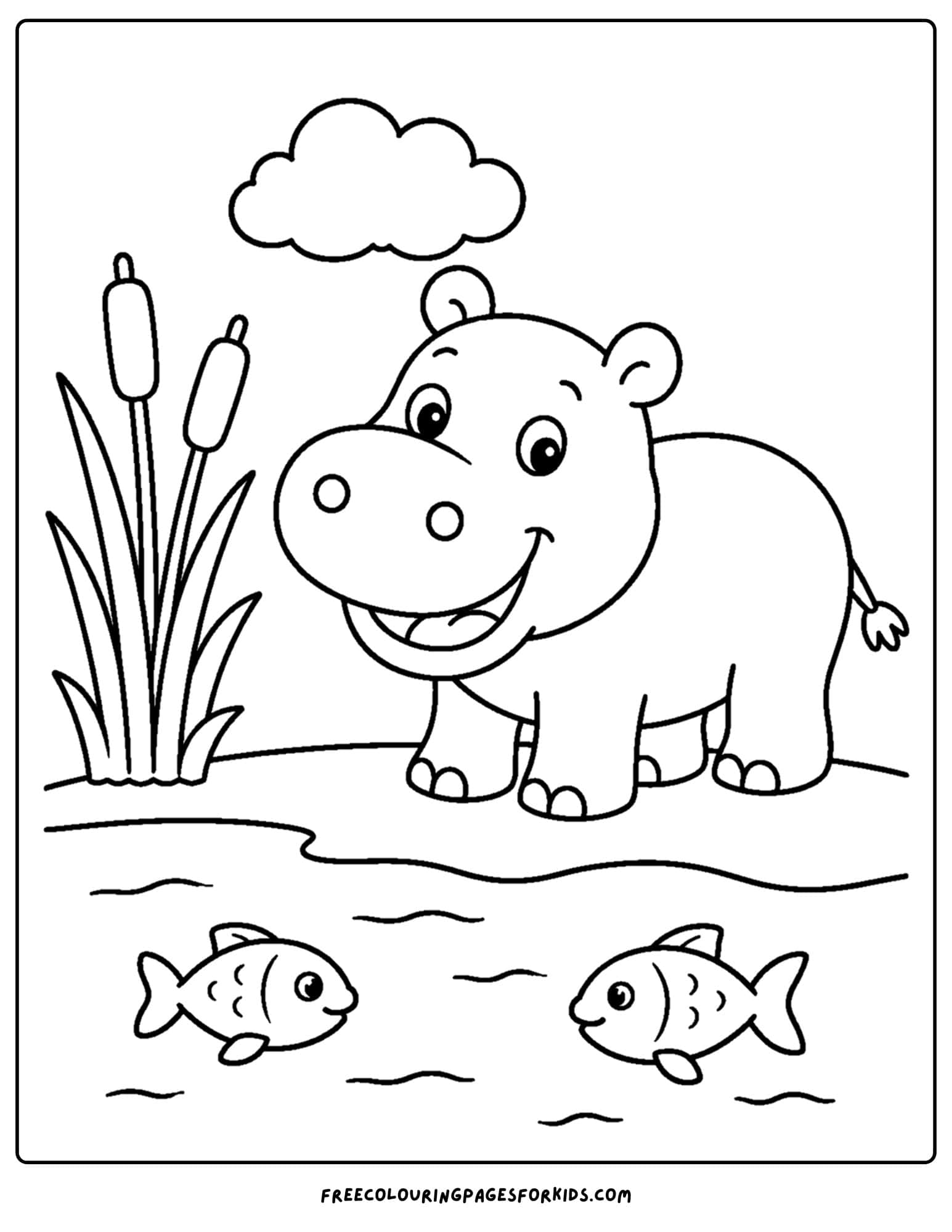 a coloring page of a hippo standing by the waters edge