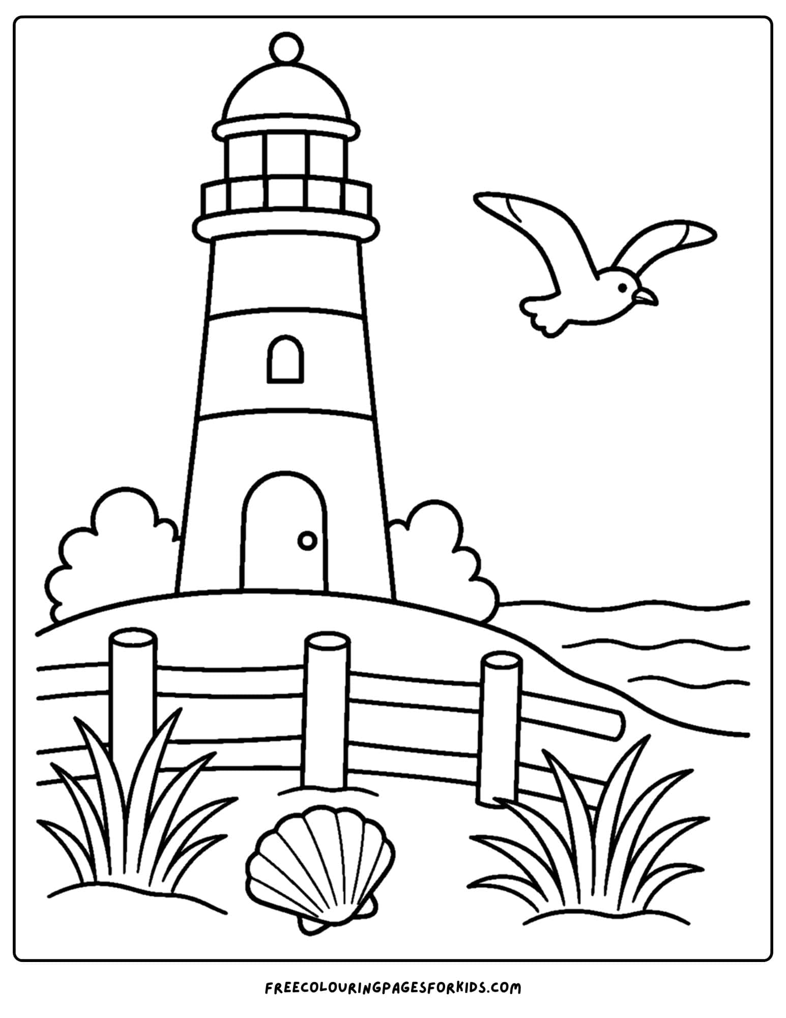 a coloring page of a lighthouse with a fence and beach view in front