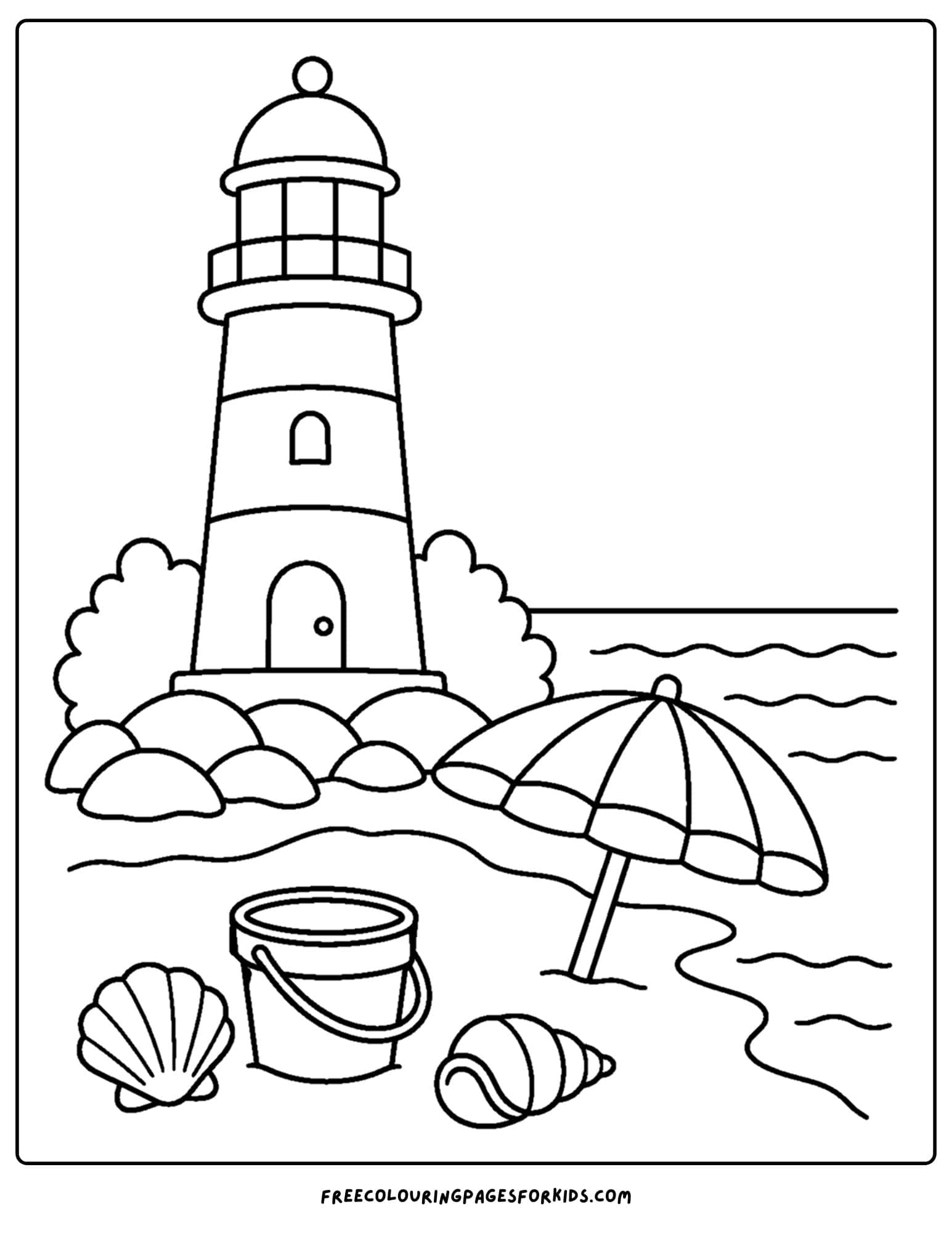 a coloring page of a lighthouse with a beach umbrella on the beach below it