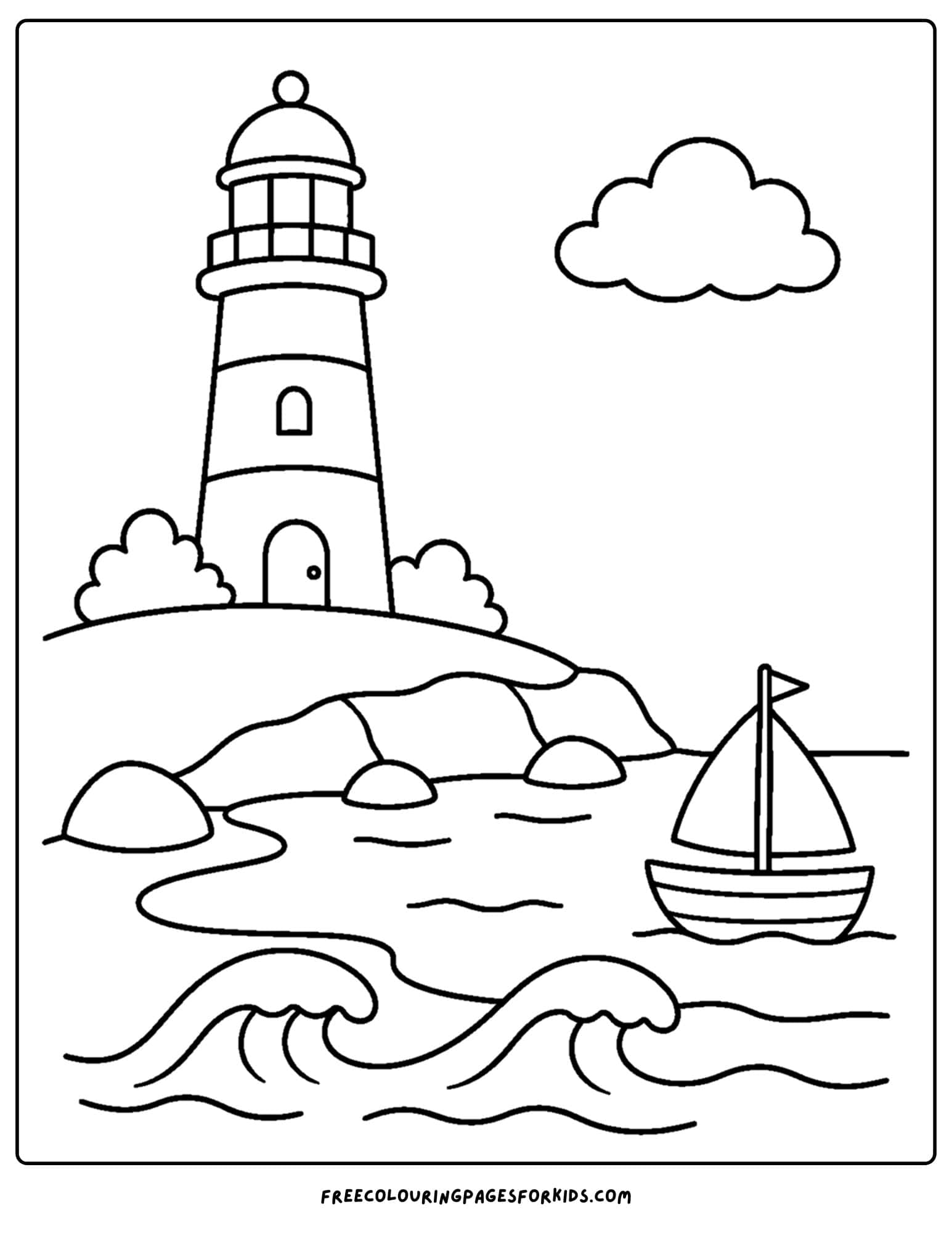 a coloring page of a lighthouse with a sailboat in the bay below it on the coast