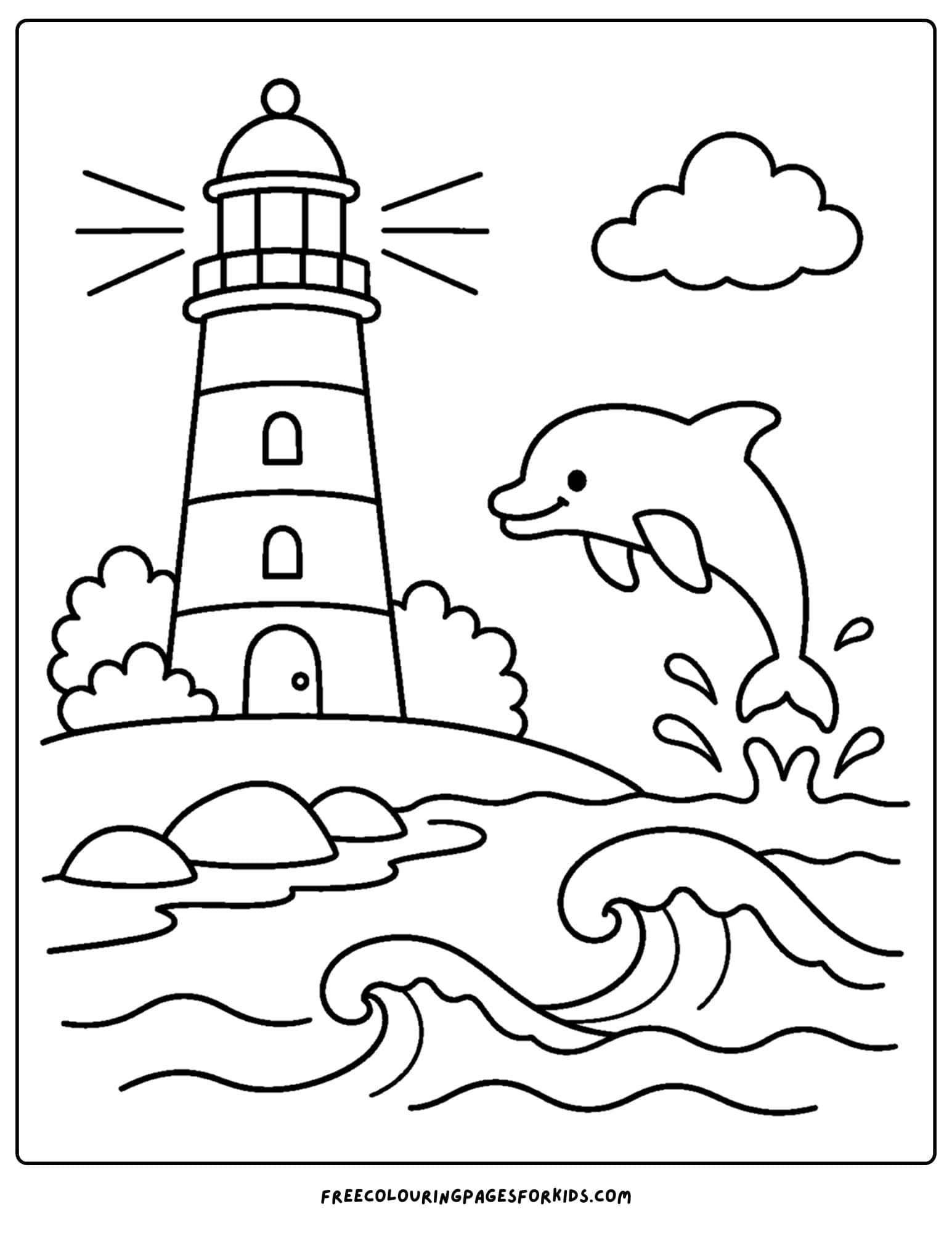 a coloring page of a lighthouse with a dolphin jumping from the waves
