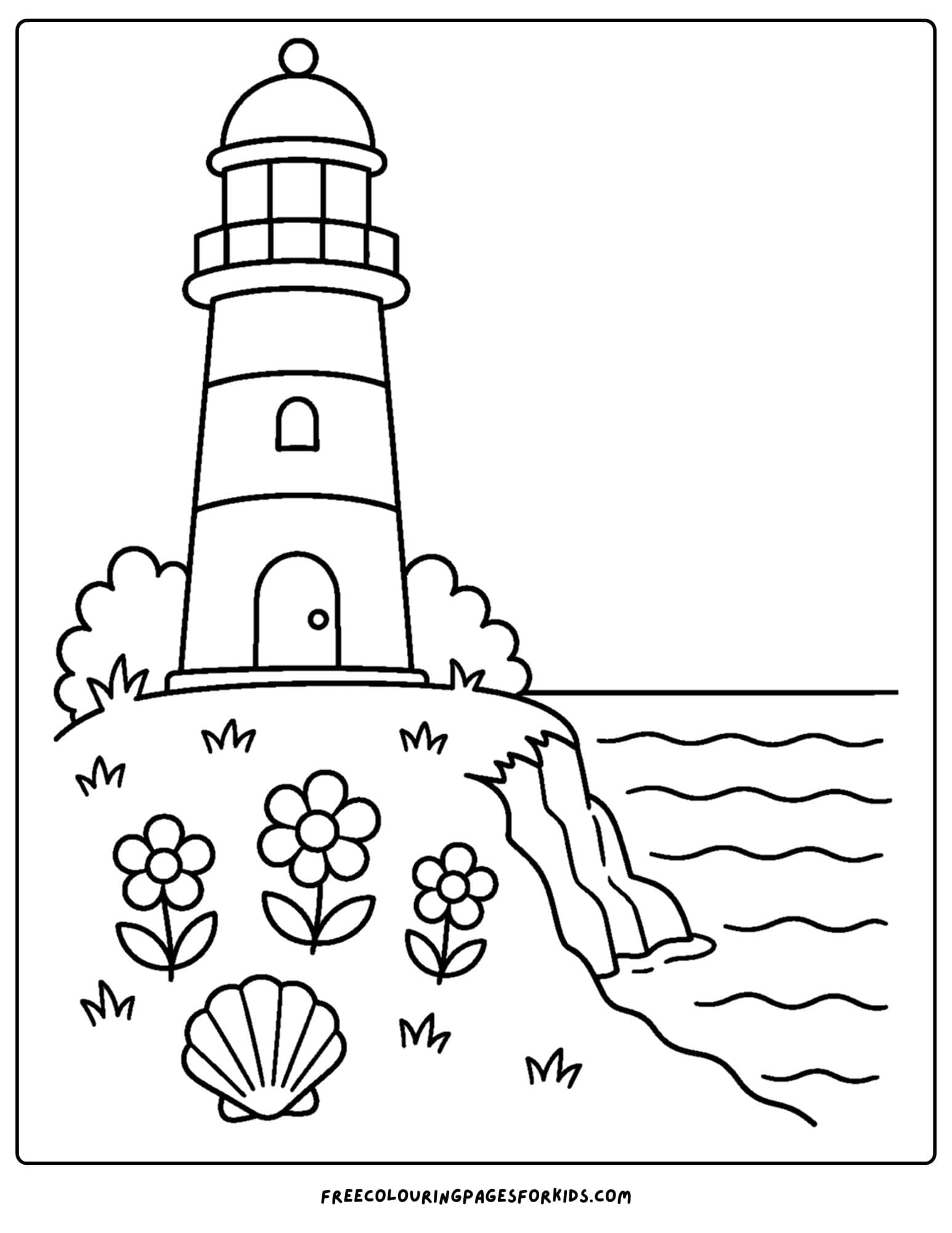 a coloring page of a lighthouse on a cliff top with a meadow of flowers before it