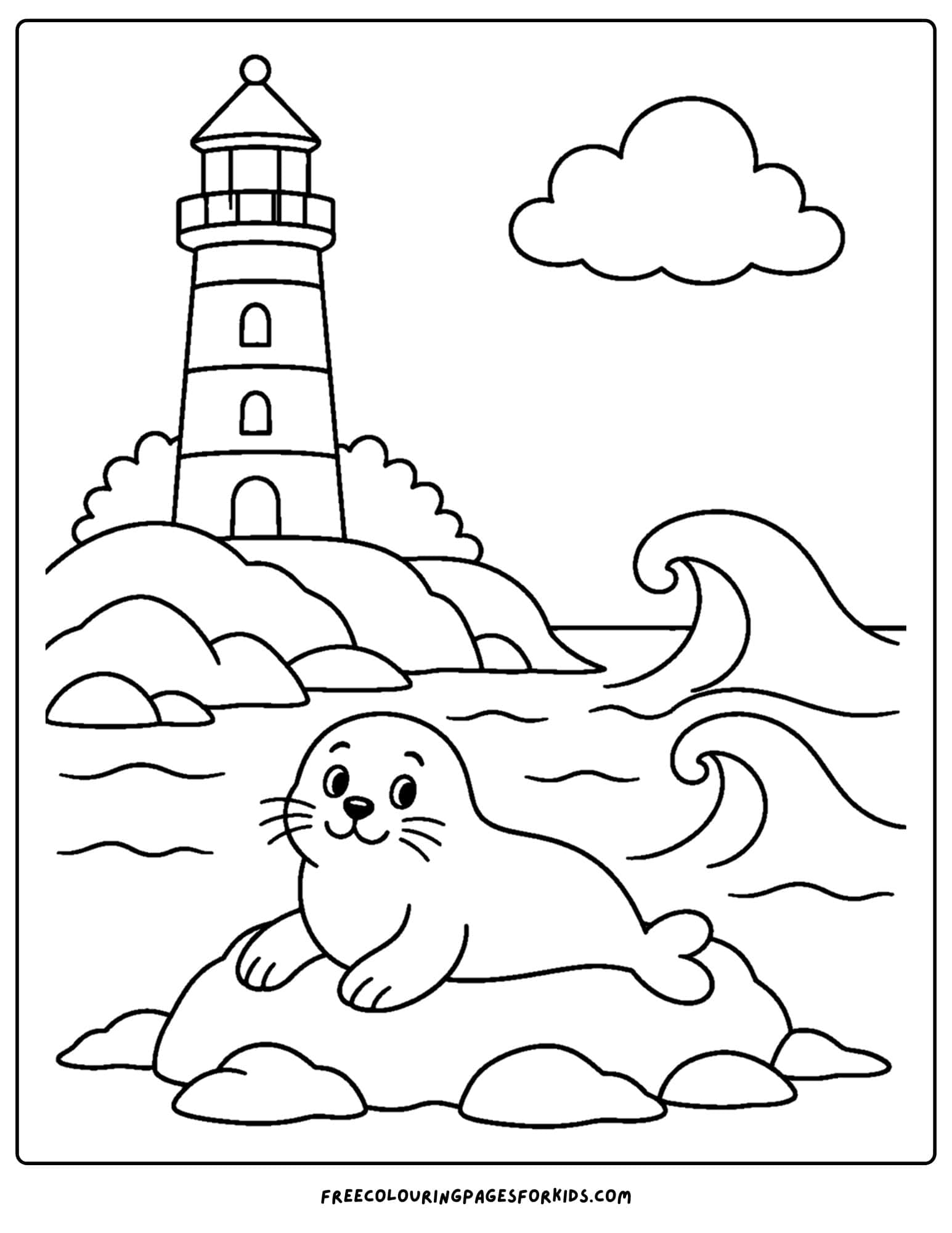 a coloring page of a lighthouse with a seal on a rock in front of it