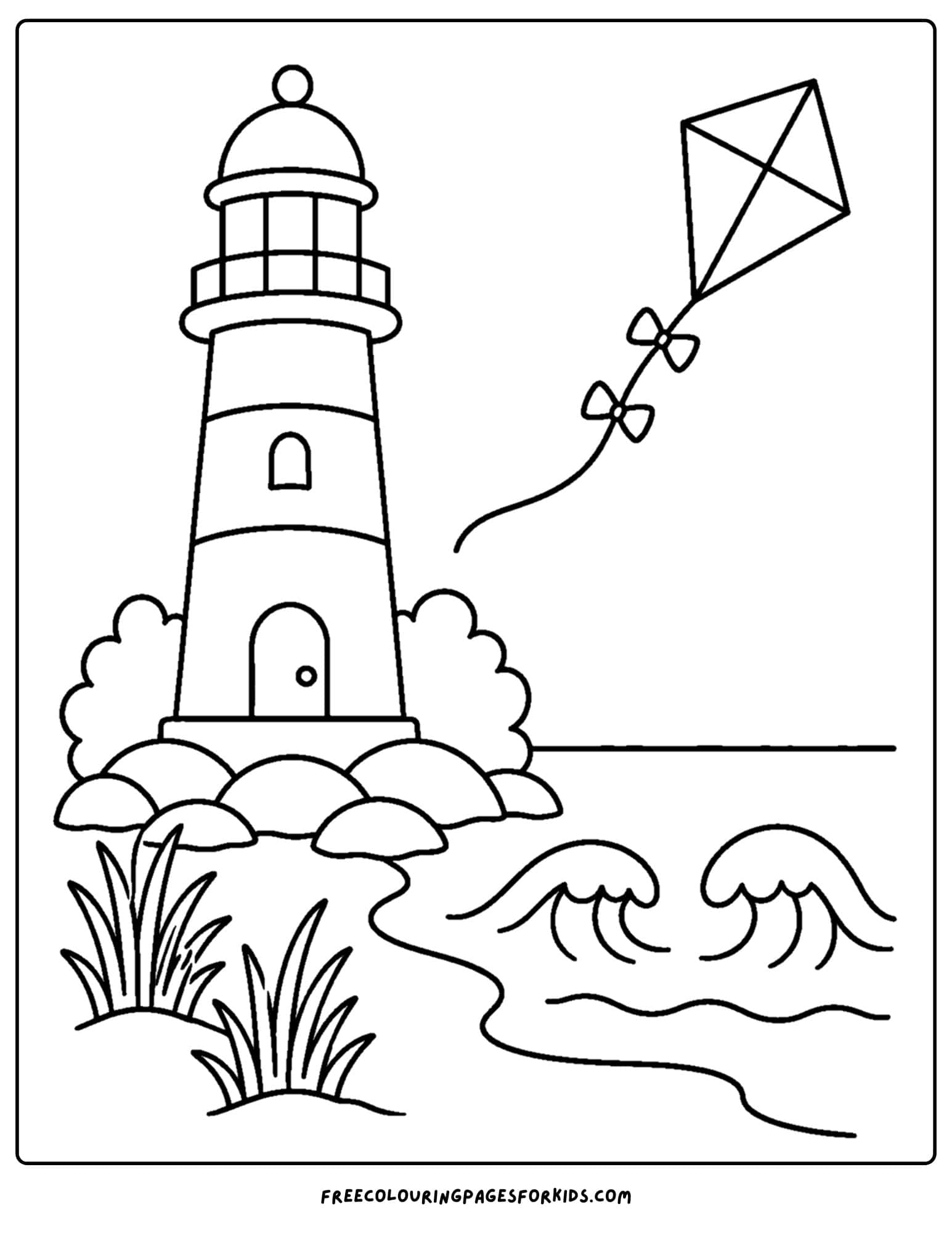 a coloring page of a lighthouse with a kite flying away in front of it