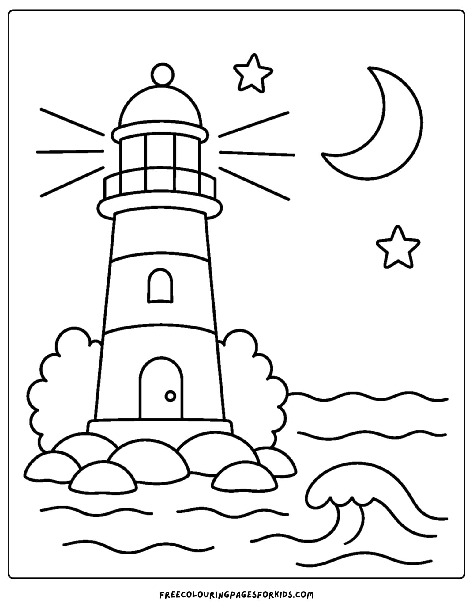 a coloring page of a lighthouse shining bright at night