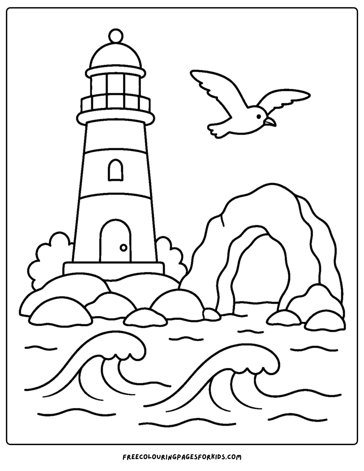a coloring page of a lighthouse with a rock arch in the ocean