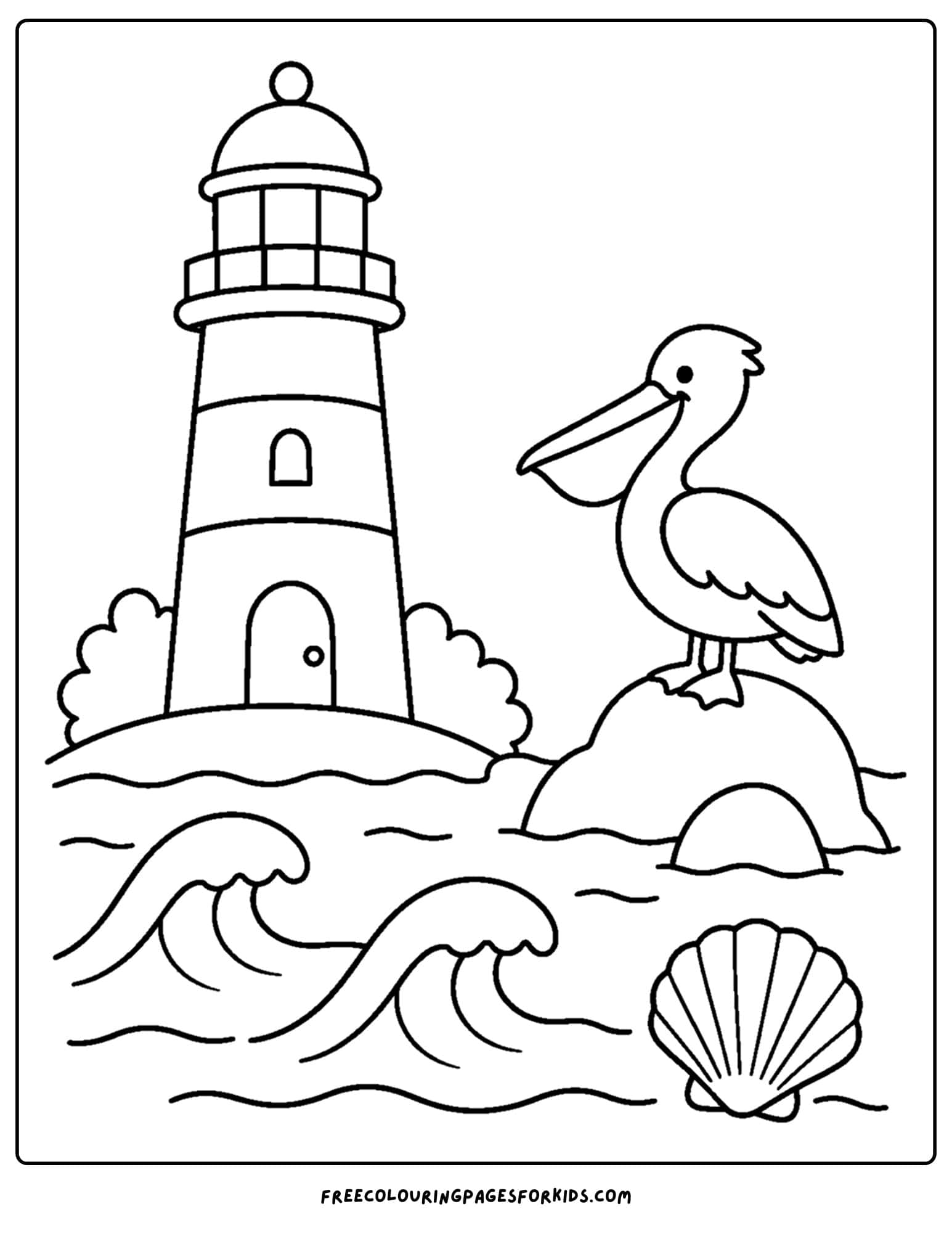 a coloring page of a lighthouse with a pelican perched on a rock