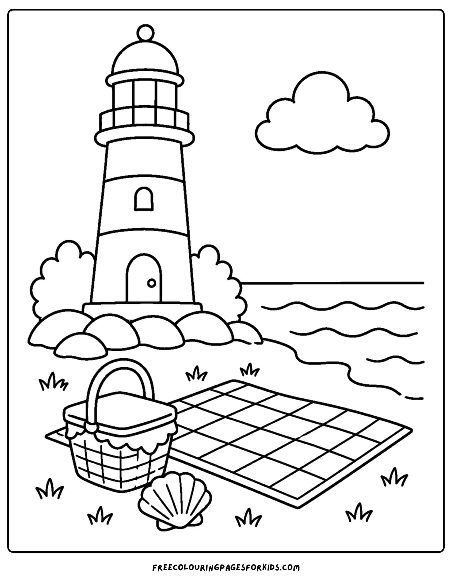 a coloring page of a lighthouse with a picnic scene on the beach