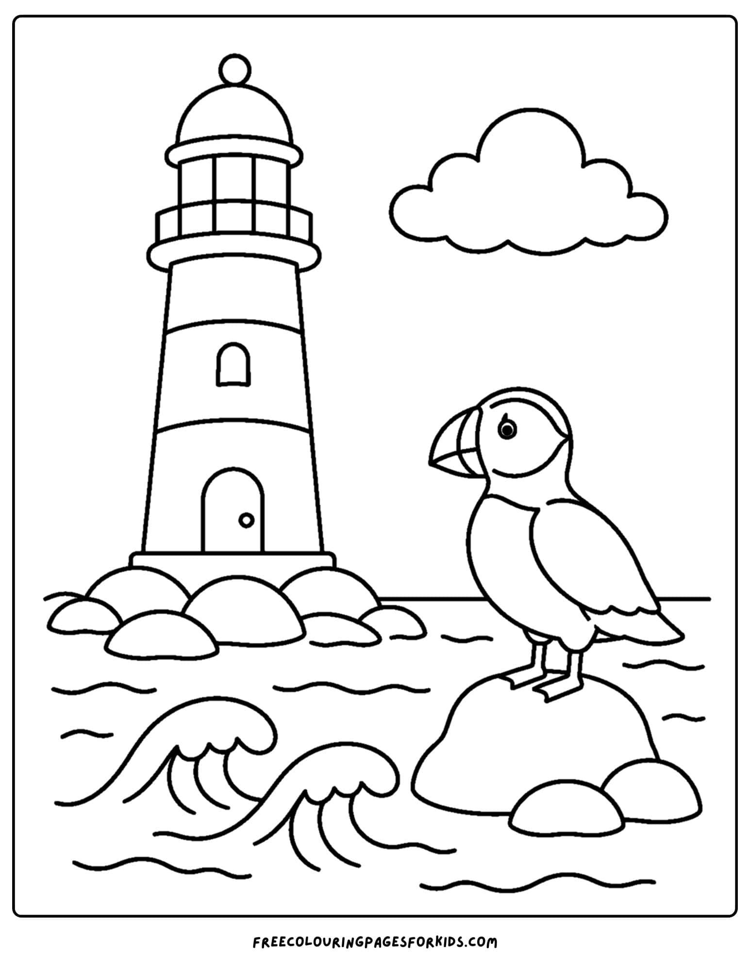 a coloring page of a lighthouse with a puffin on the rock