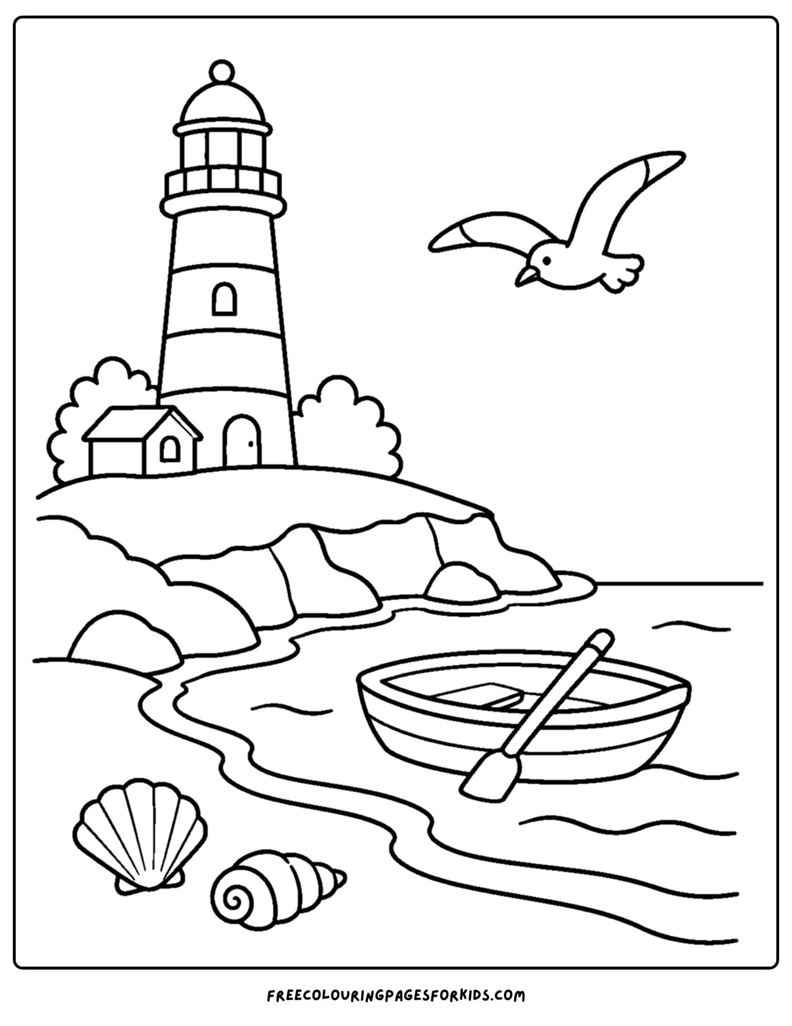 a coloring page of a lighthouse in a quiet cove and rowboat on the beach