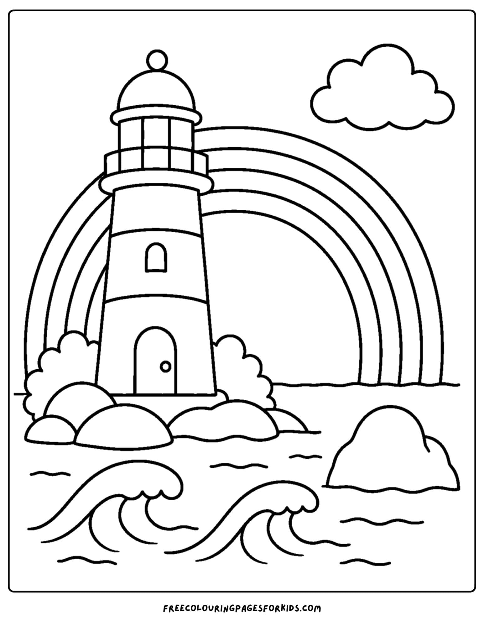 a coloring page of a lighthouse with a rainbow in the sky behind it
