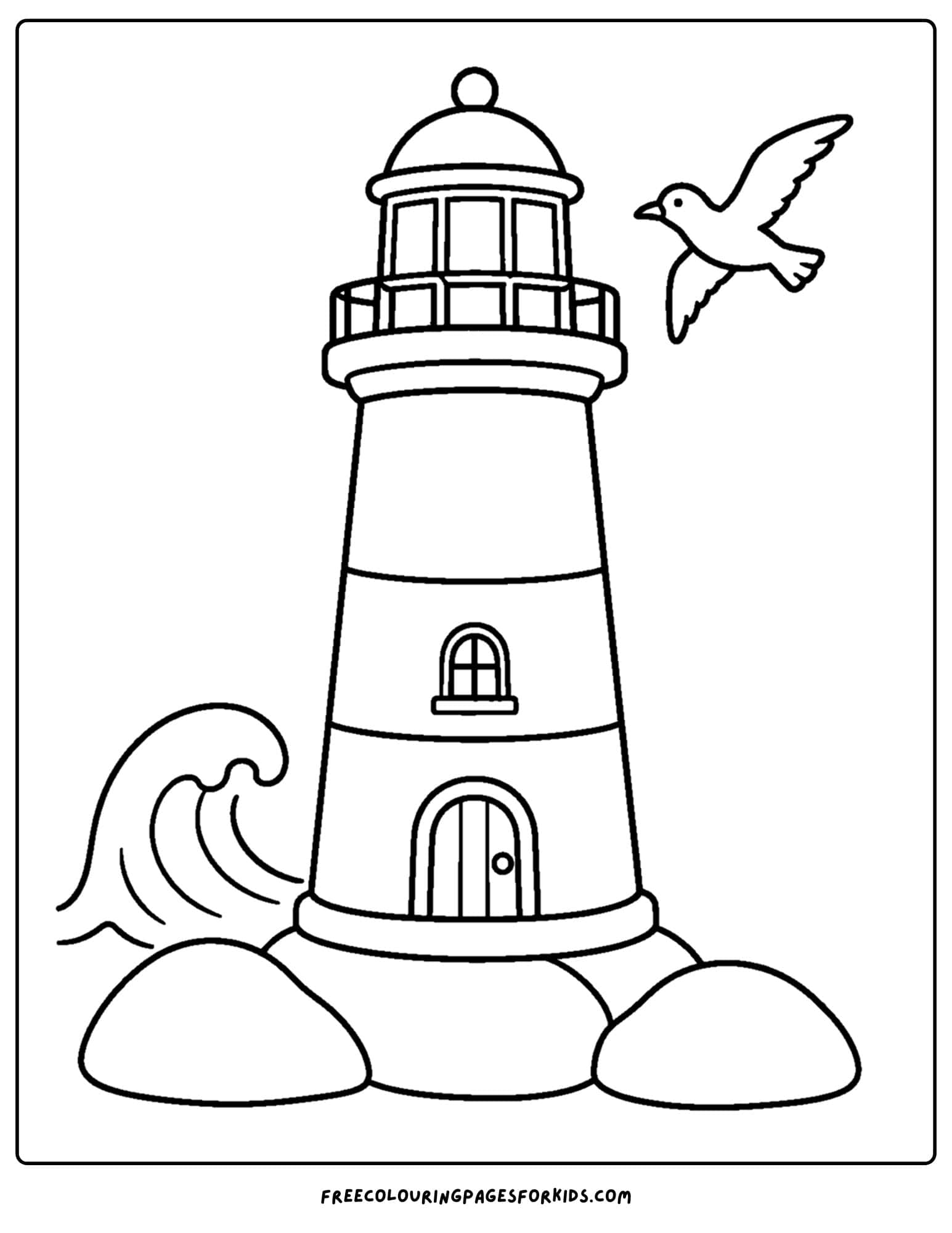 a coloring page of a lighthouse on a rocky coast spot