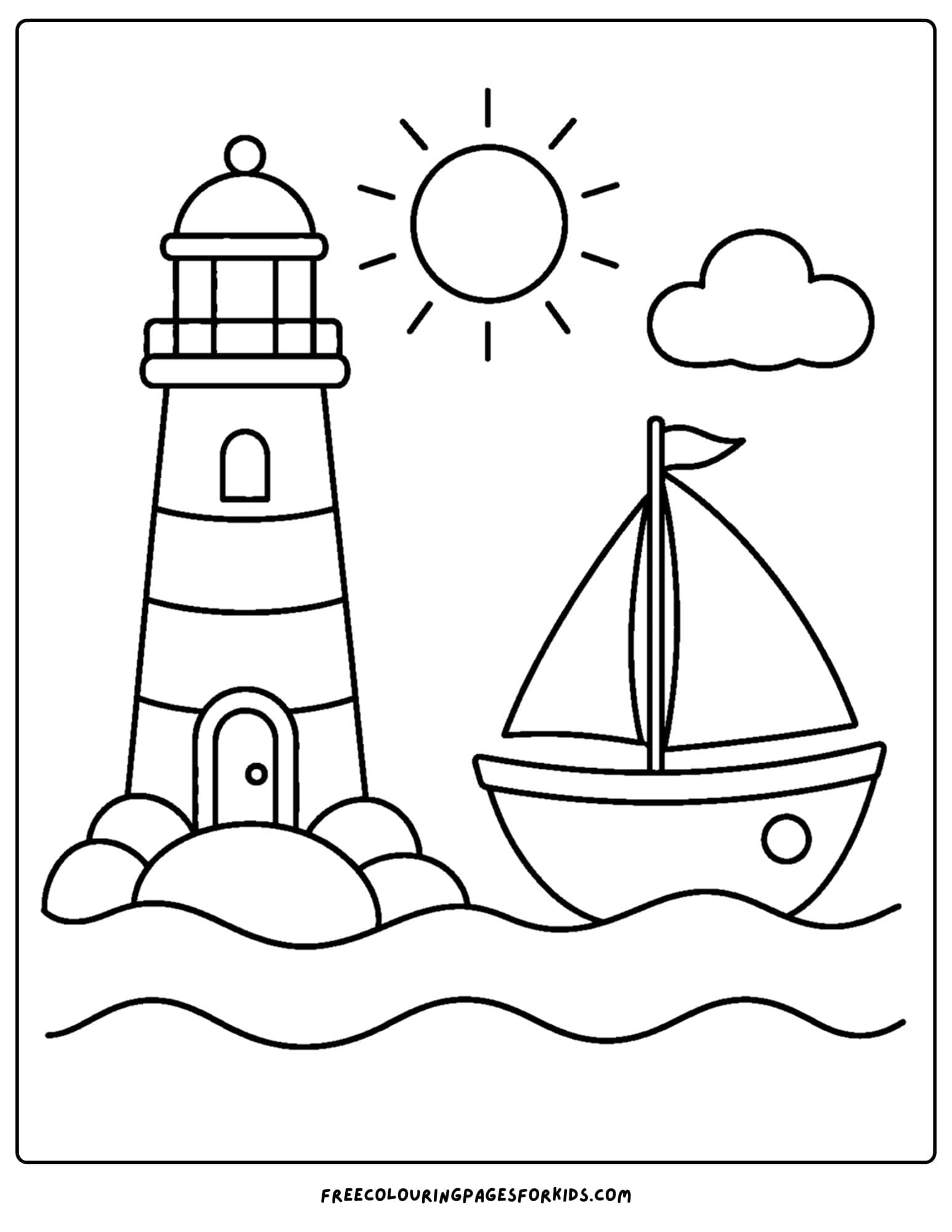a coloring page of a lighthouse with a sailboat in the ocean