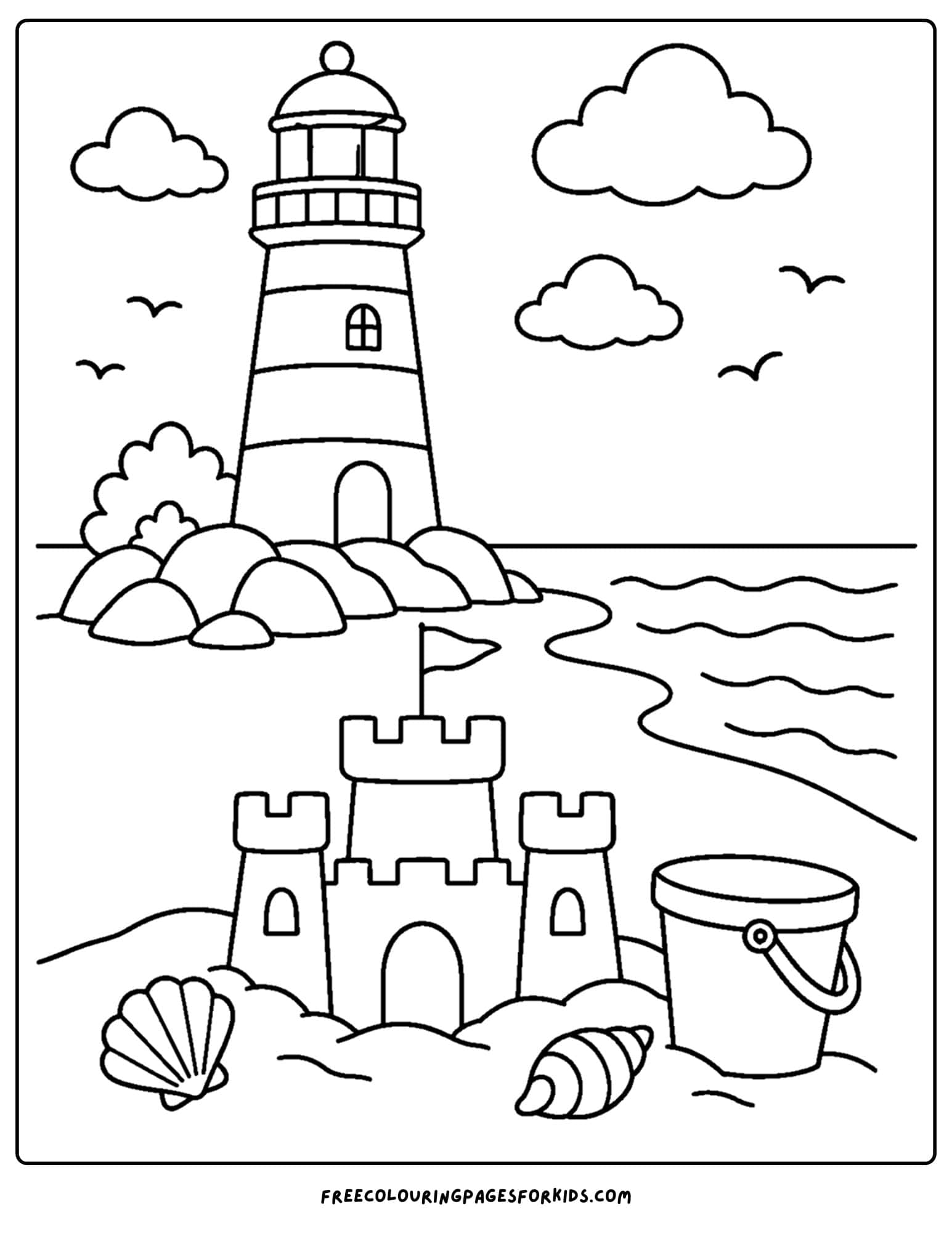 a coloring page of a lighthouse with a sandcastle on the beach