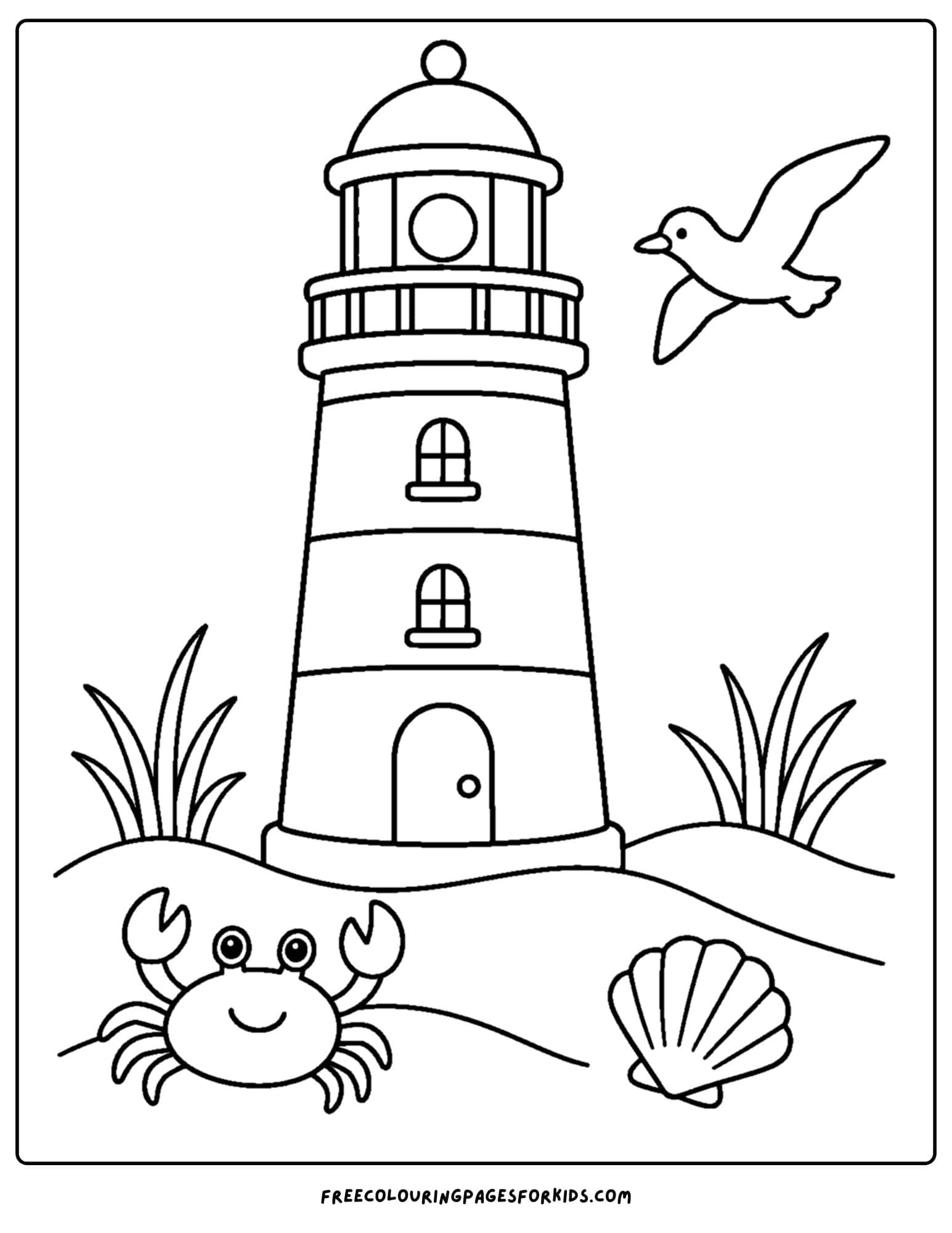 a coloring page of a lighthouse with sand, shells and a crab