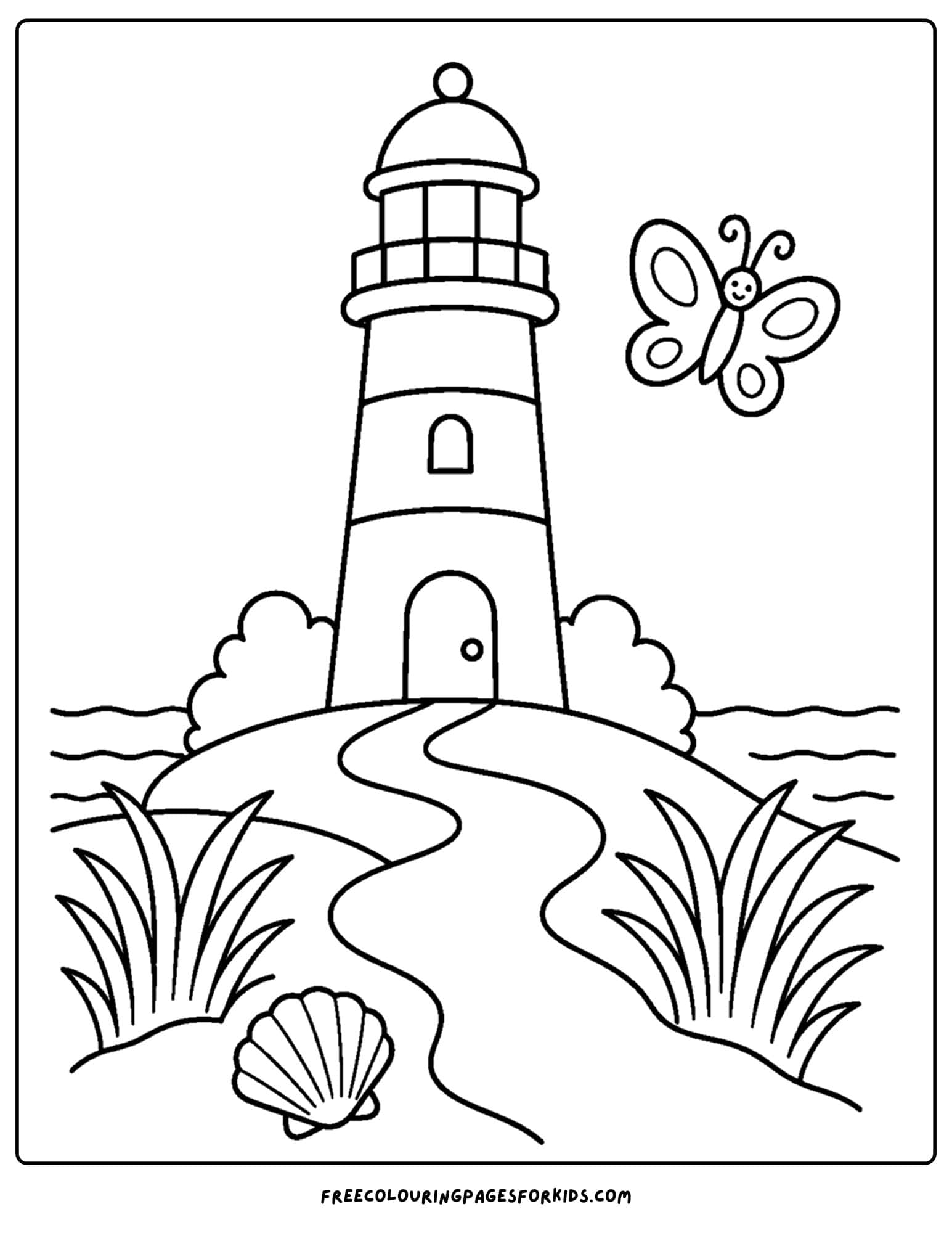 a coloring page of a lighthouse with a sandy path to the door