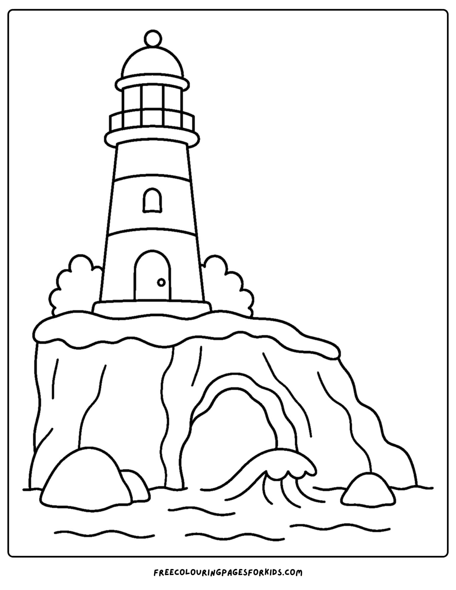 a coloring page of a lighthouse high on a cliff with a cave below