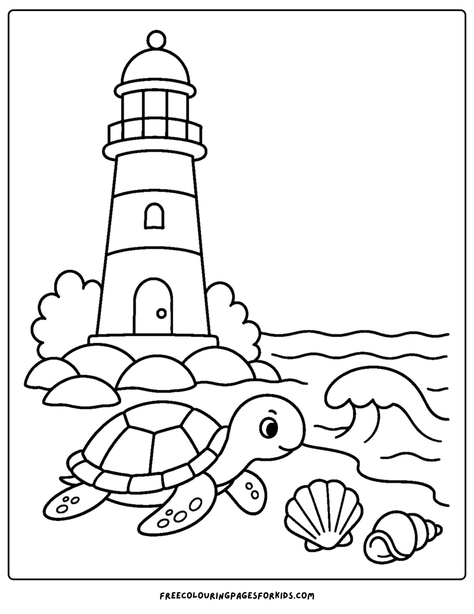 a coloring page of a lighthouse with a sea. turtle on the shore