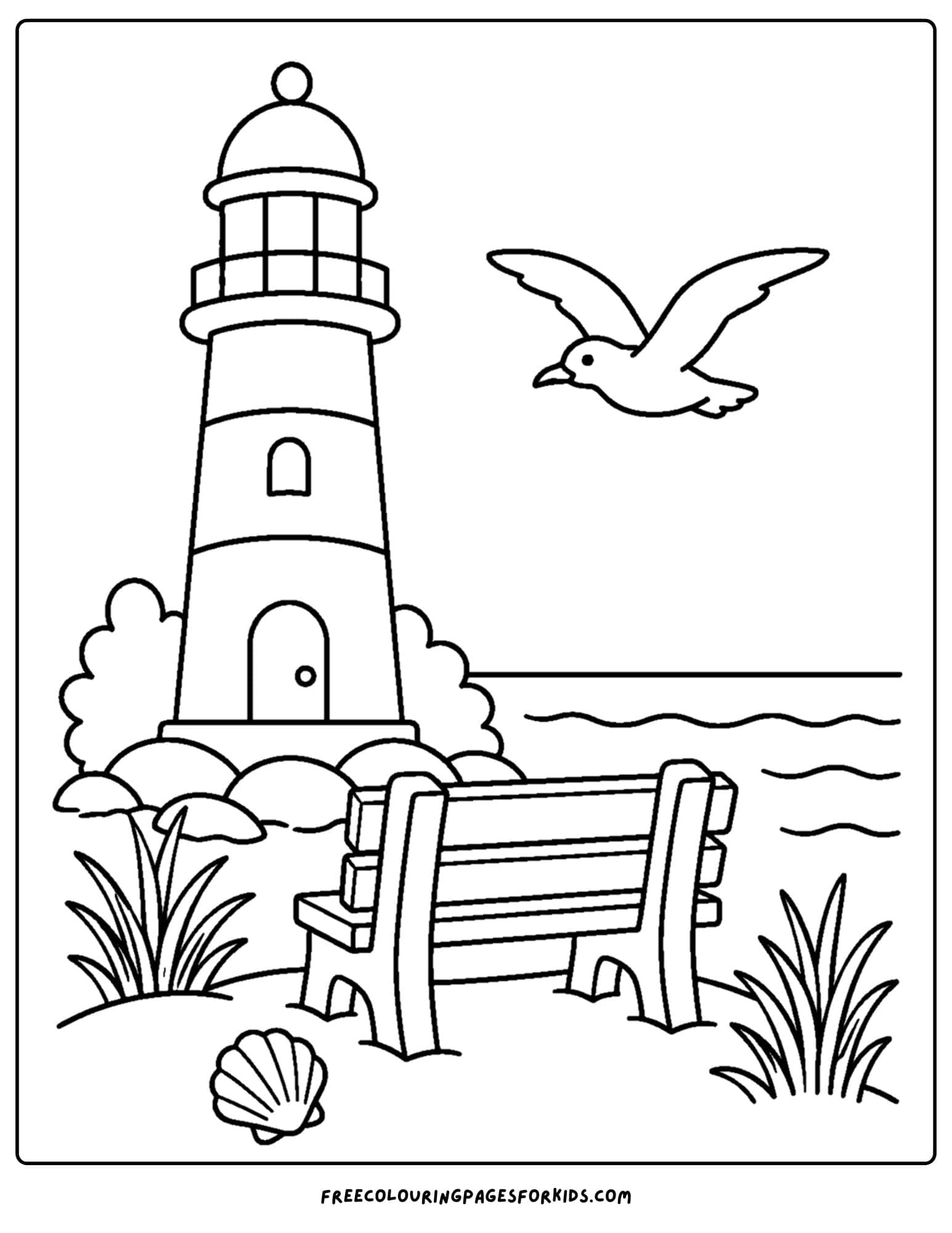 a coloring page of a lighthouse with a bench for sitting on to admire the view