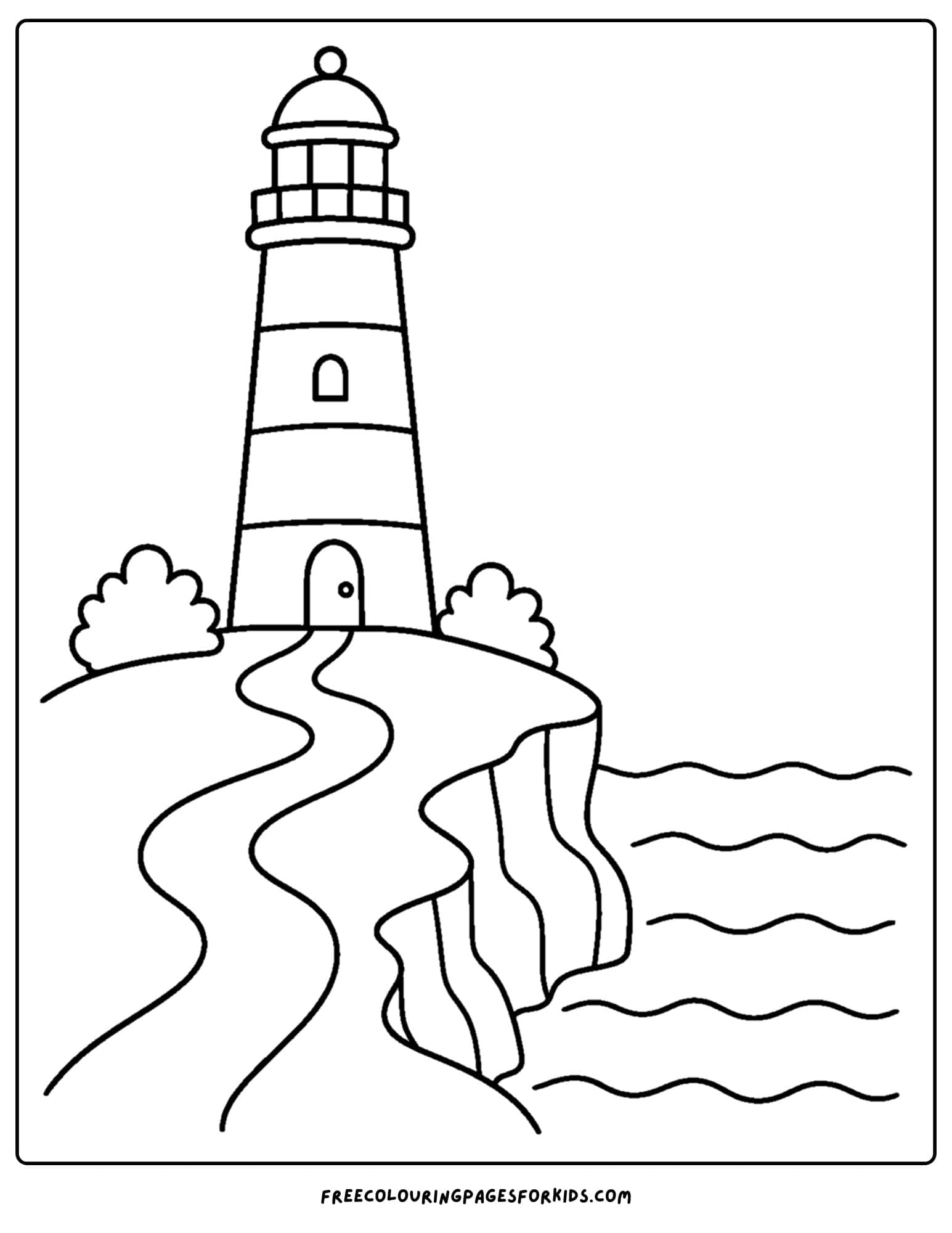 a coloring page of a lighthouse on a seaside cliff