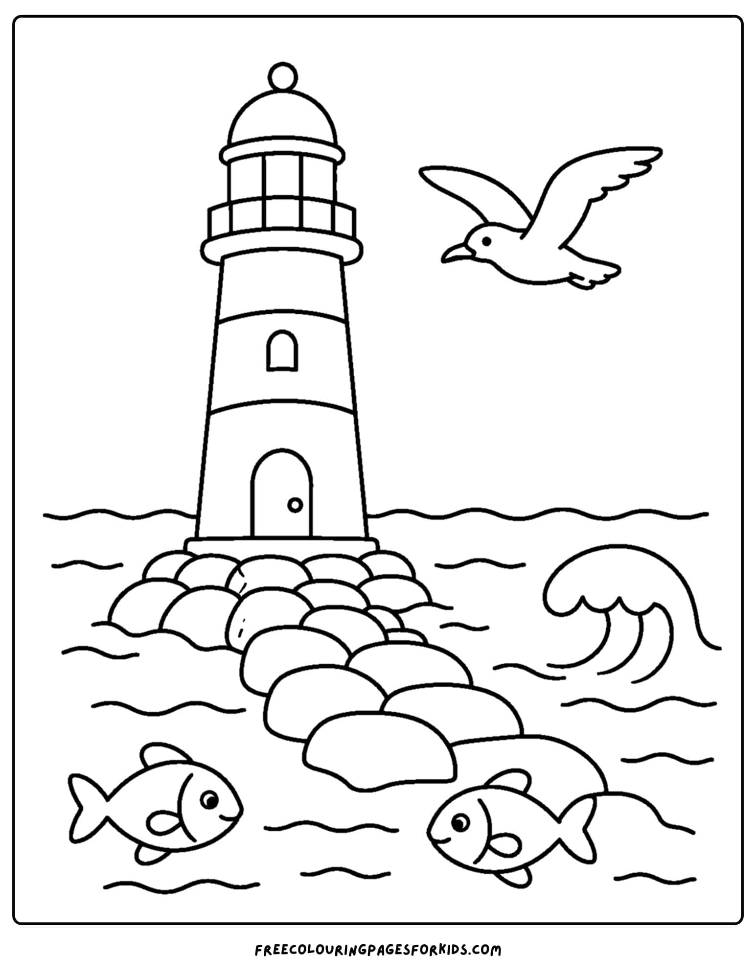 a coloring page of a lighthouse with a stone jetty