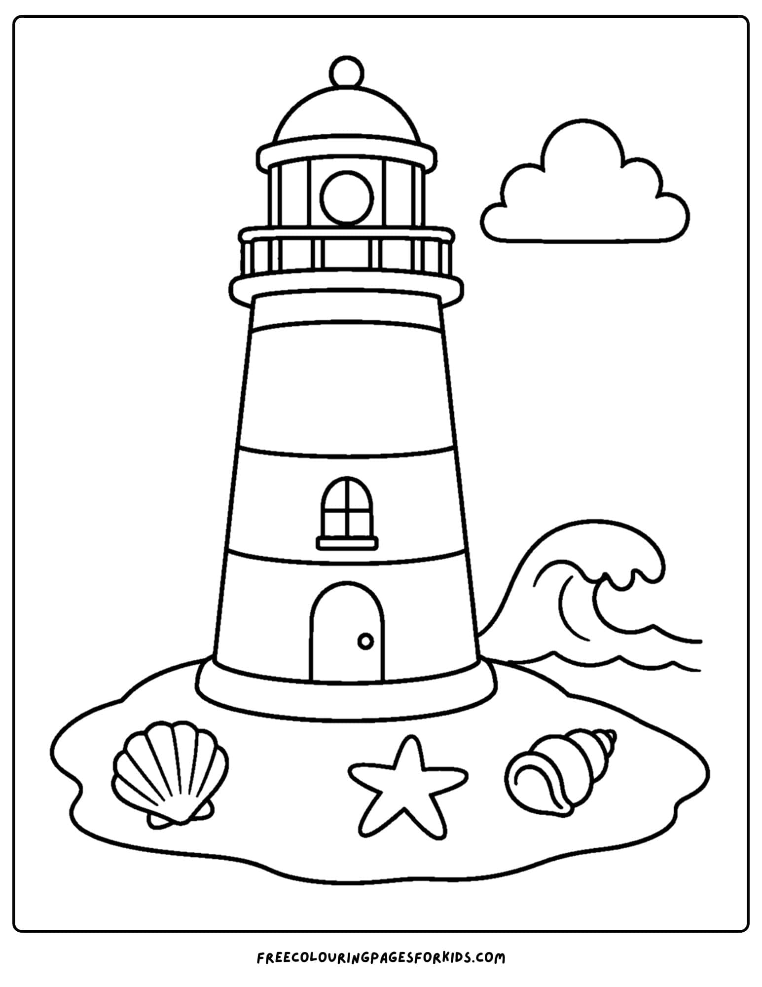 a coloring page of a lighthouse with shells on the beach below it